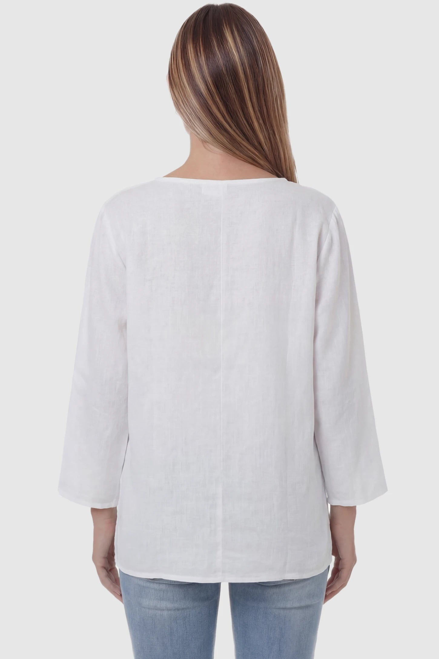 Button Down V-Neck Long Sleeve Maternity Top Button Down V-Neck Long Sleeve Maternity Top in White featuring a relaxed drape on a pregnant model, back view.