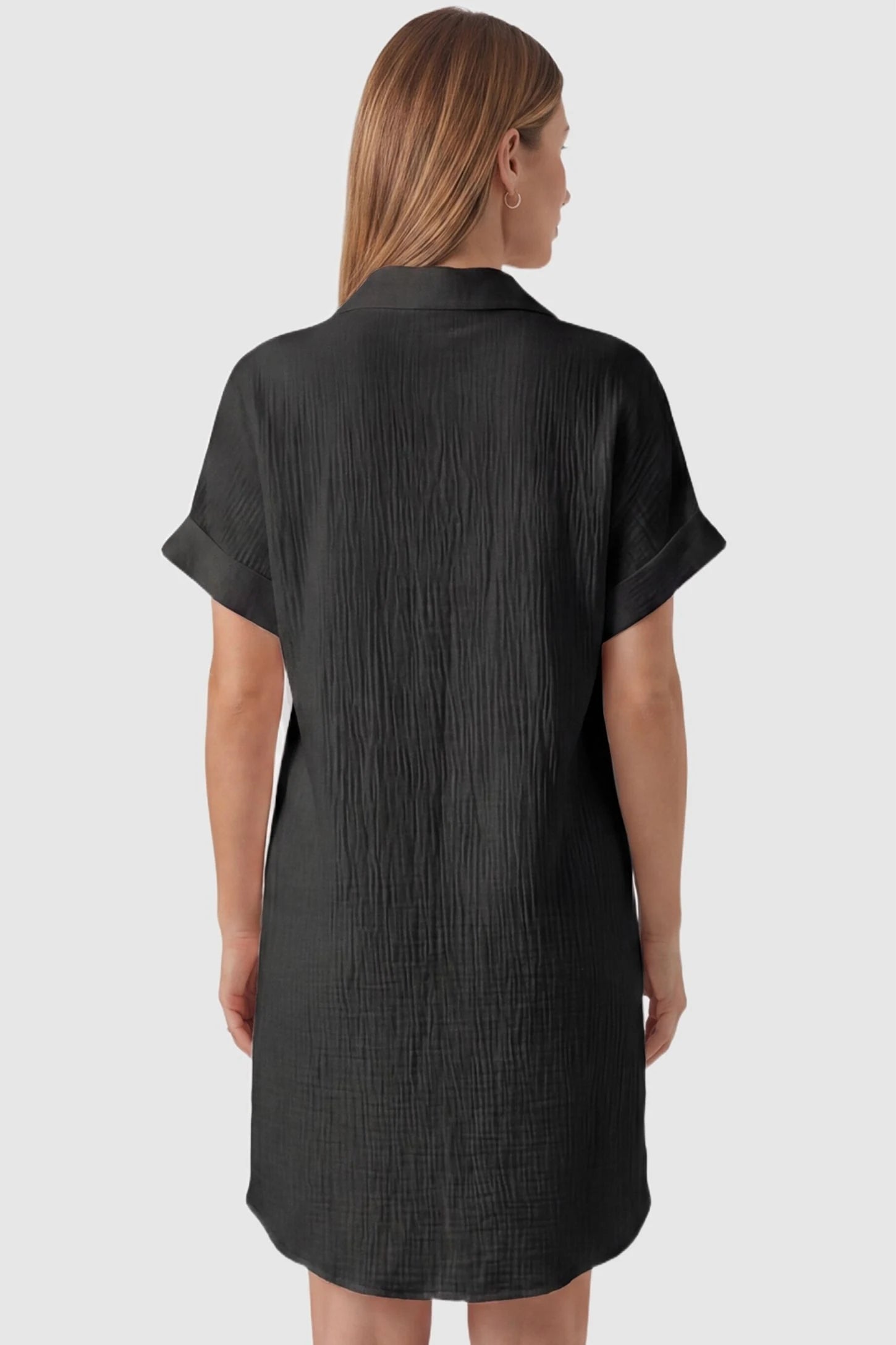 Breezy Button-Front Collared Nursing Dress Back view of Black Breezy Button-Front Collared Nursing Dress featuring a clean, minimalist design on a model.