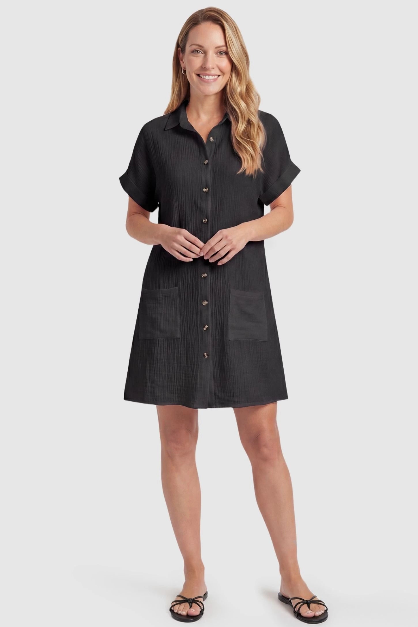 Breezy Button-Front Collared Nursing Dress Breezy Button-Front Collared Nursing Dress in Black featuring breastfeeding-friendly buttons on a non-pregnant model.