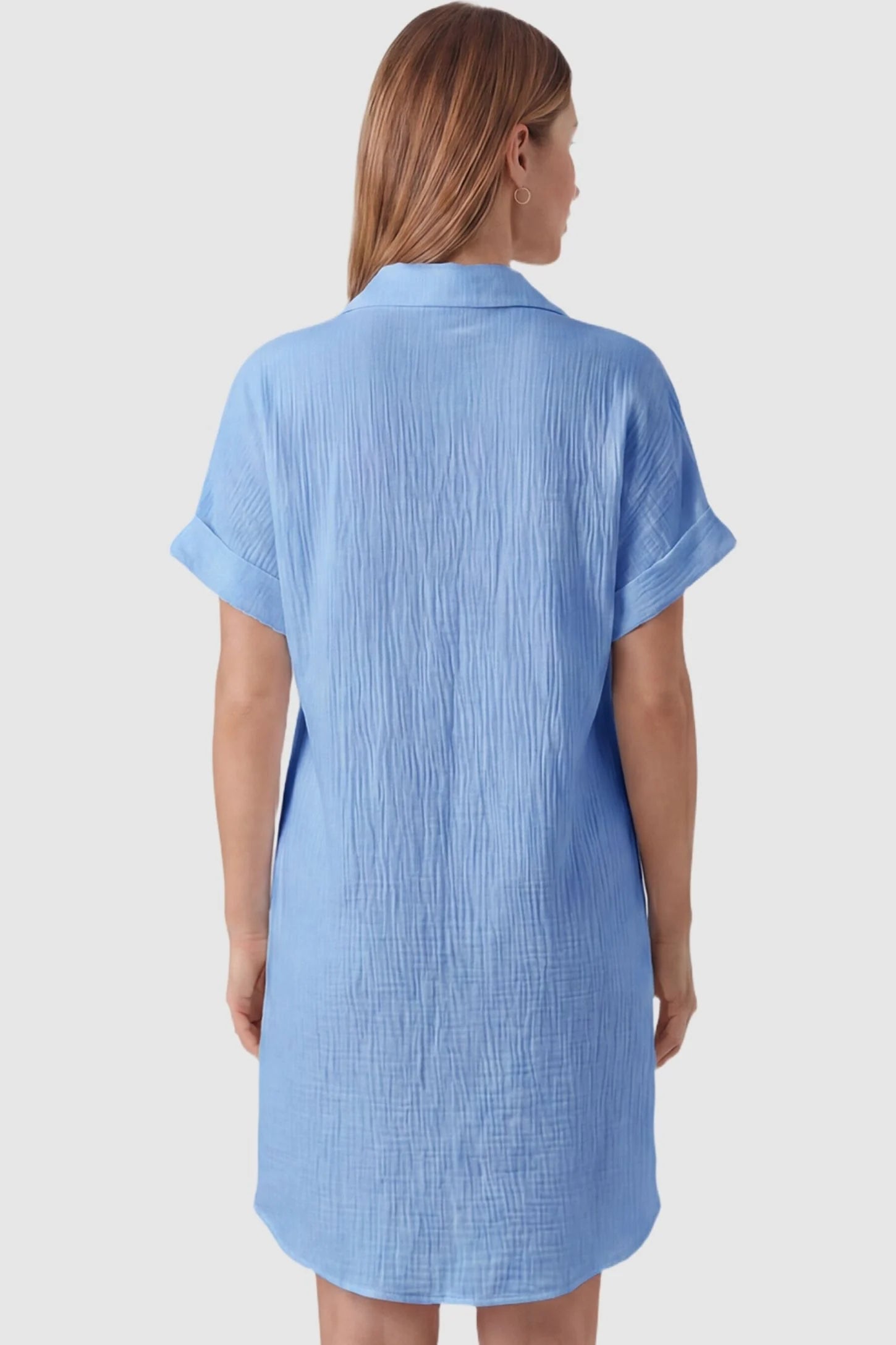 Breezy Button-Front Collared Nursing Dress Back view of Blue Breezy Button-Front Collared Nursing Dress featuring lightweight textured fabric on a model.