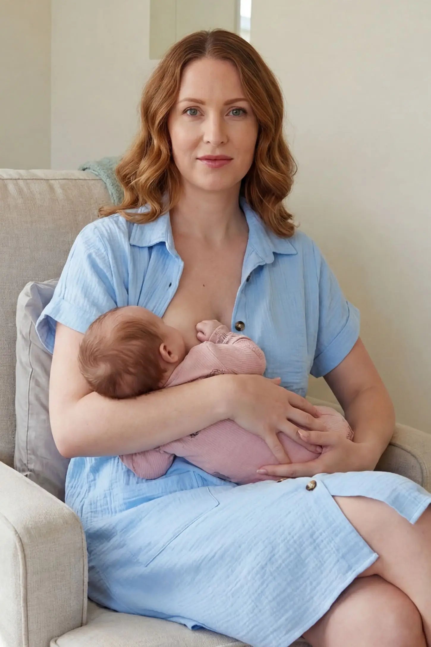 Breezy Button-Front Collared Nursing Dress Blue Breezy Button-Front Collared Nursing Dress featuring a nursing-friendly button neckline on a mom.