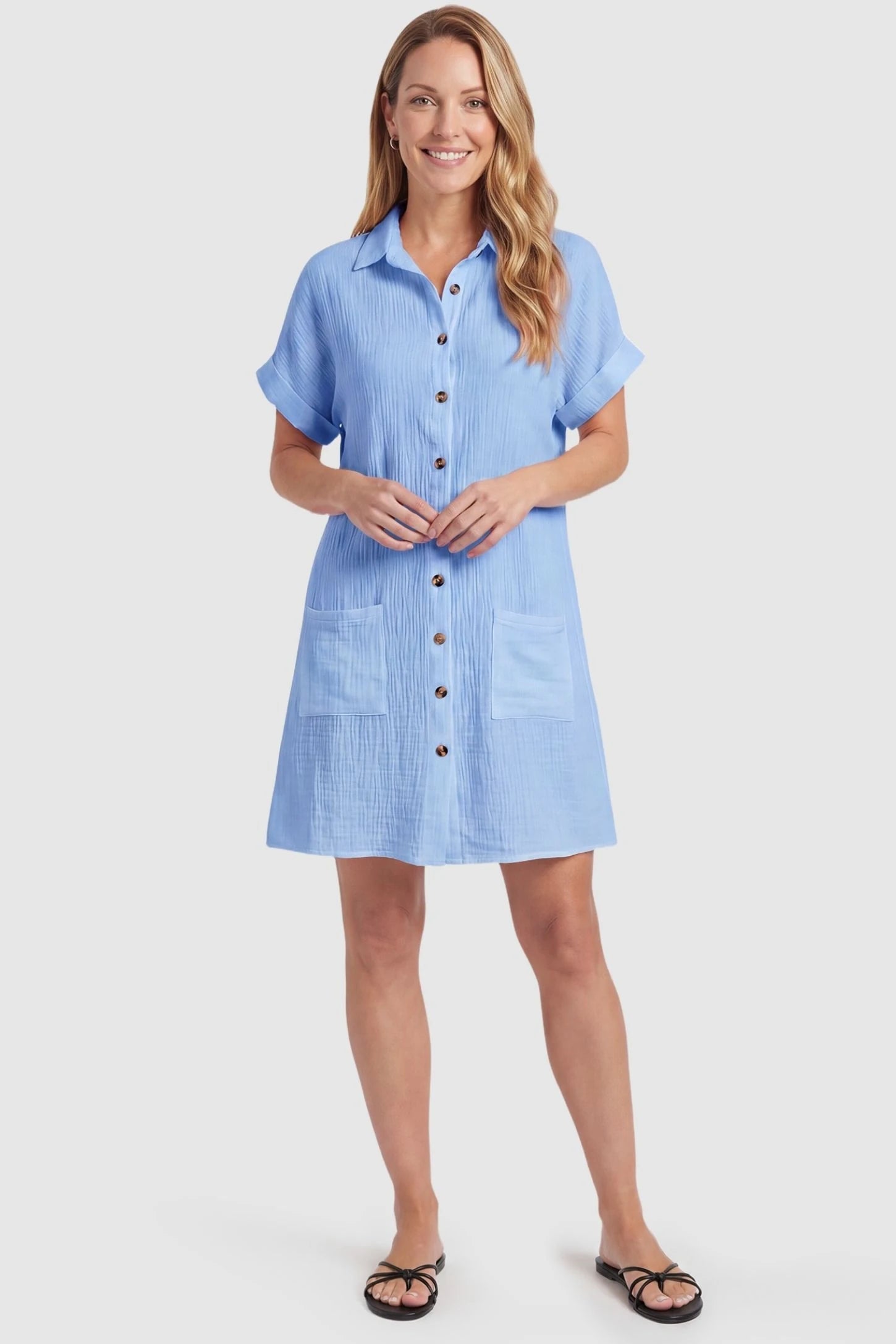 Breezy Button-Front Collared Nursing Dress Breezy Button-Front Collared Nursing Dress in Blue featuring breastfeeding-friendly buttons on a non-pregnant model.