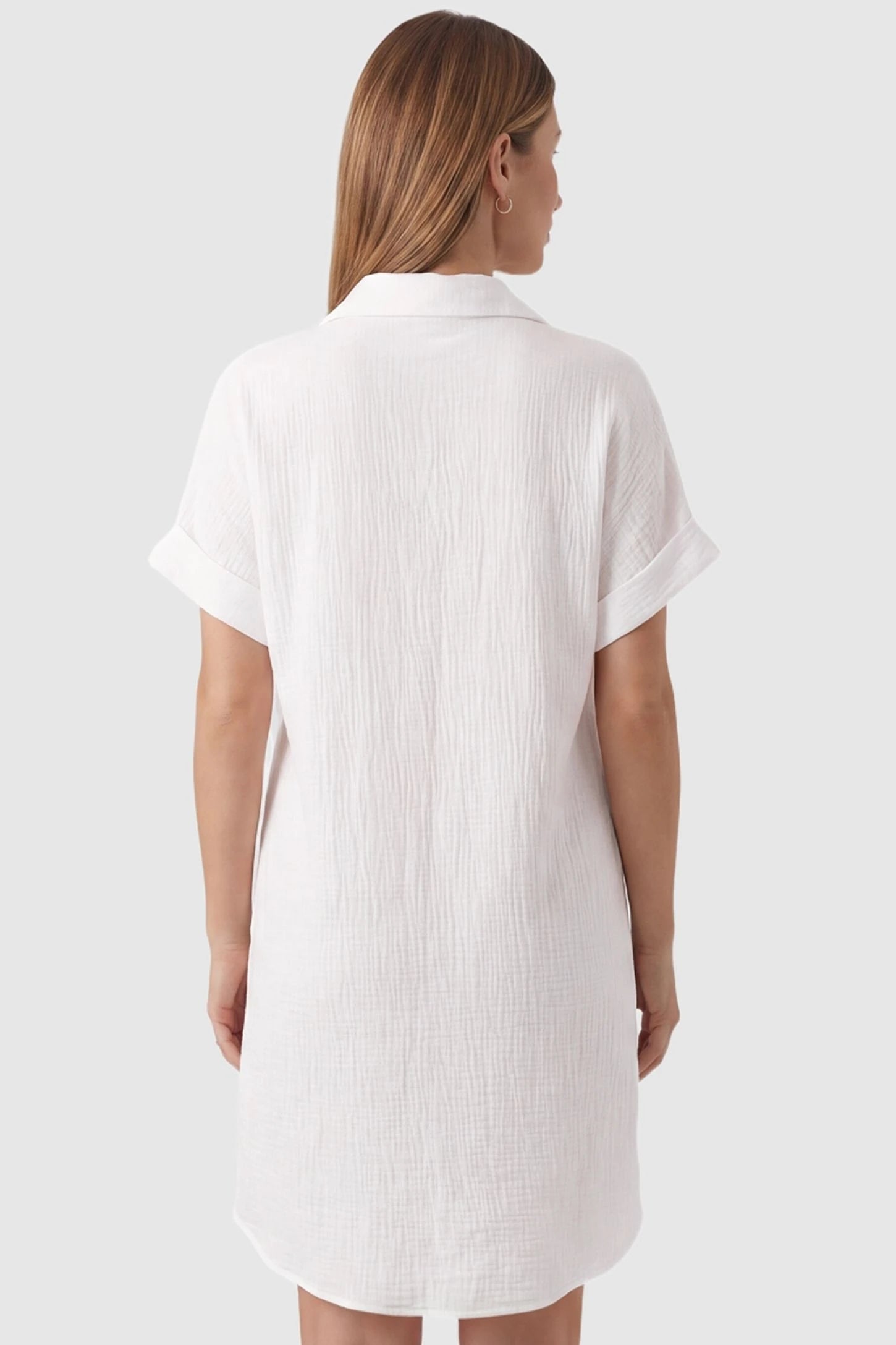 Breezy Button-Front Collared Nursing Dress Back view of White Breezy Button-Front Collared Nursing Dress featuring rolled short sleeves on a model.