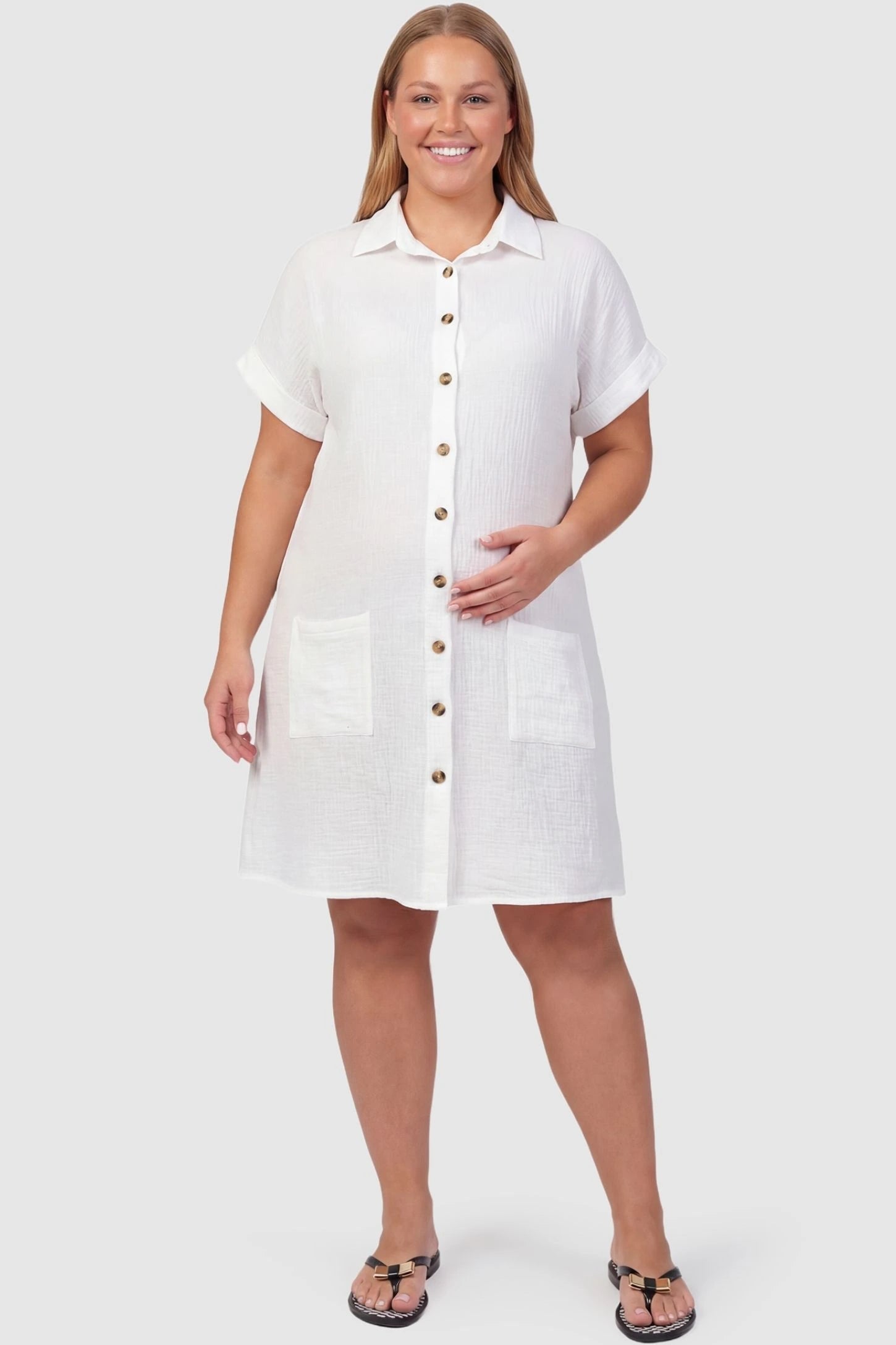 Breezy Button-Front Collared Nursing Dress Breezy Button-Front Collared Nursing Dress in White featuring breastfeeding-friendly buttons on a non-pregnant model.