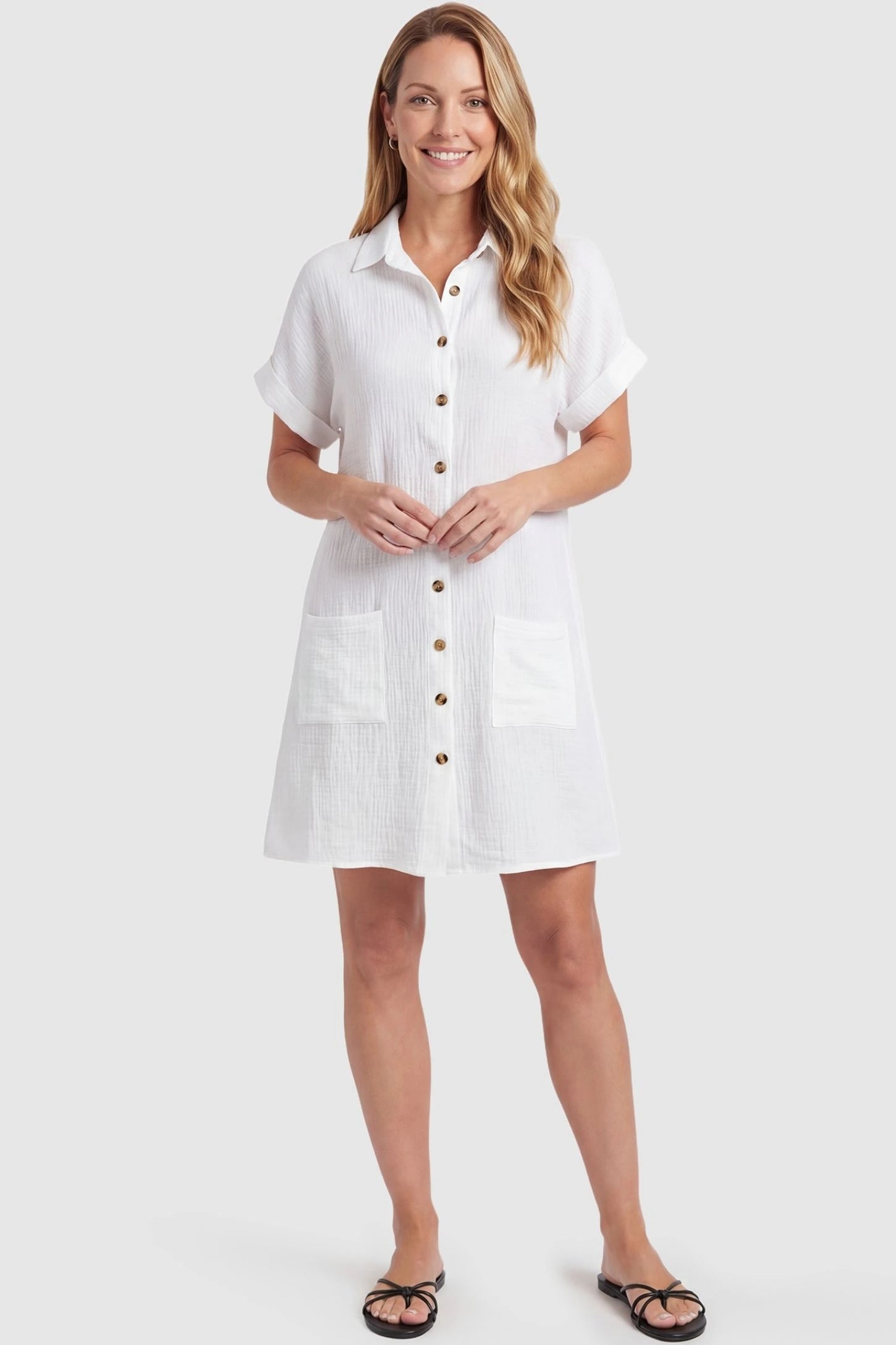 Breezy Button-Front Collared Nursing Dress Breezy Button-Front Collared Nursing Dress in White featuring breastfeeding-friendly buttons on a non-pregnant model.