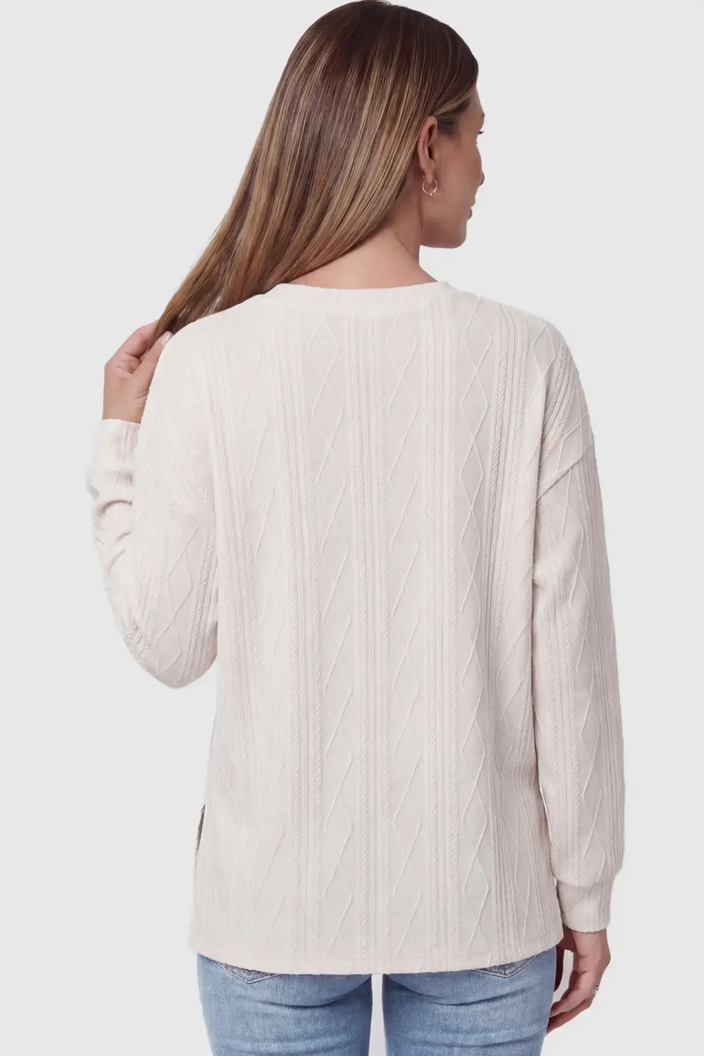 Cable Knit Long Sleeve Maternity Sweater Cable Knit Long Sleeve Maternity Sweater in Apricot on a pregnant model.