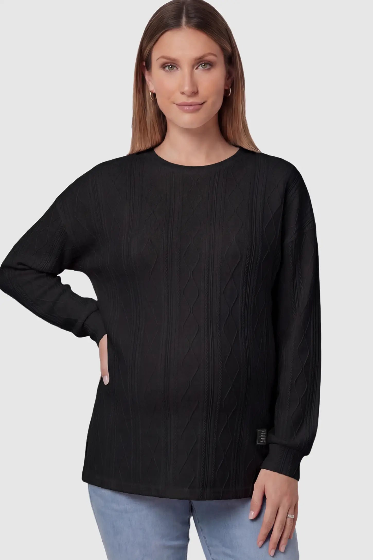Cable Knit Long Sleeve Maternity Sweater Cable Knit Long Sleeve Maternity Sweater in black on a pregnant model.