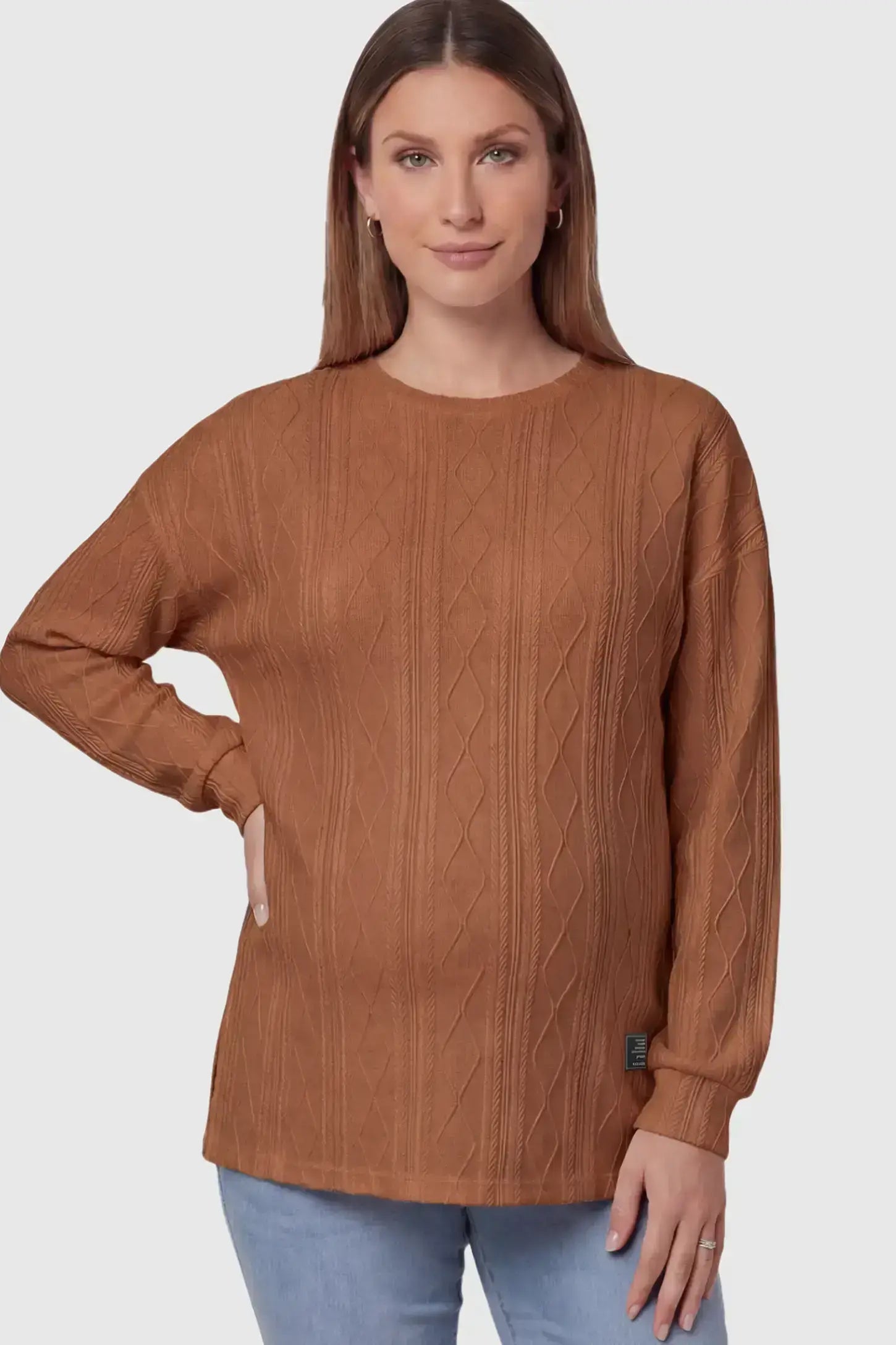 Cable Knit Long Sleeve Maternity Sweater Cable Knit Long Sleeve Maternity Sweater in black on a pregnant model.