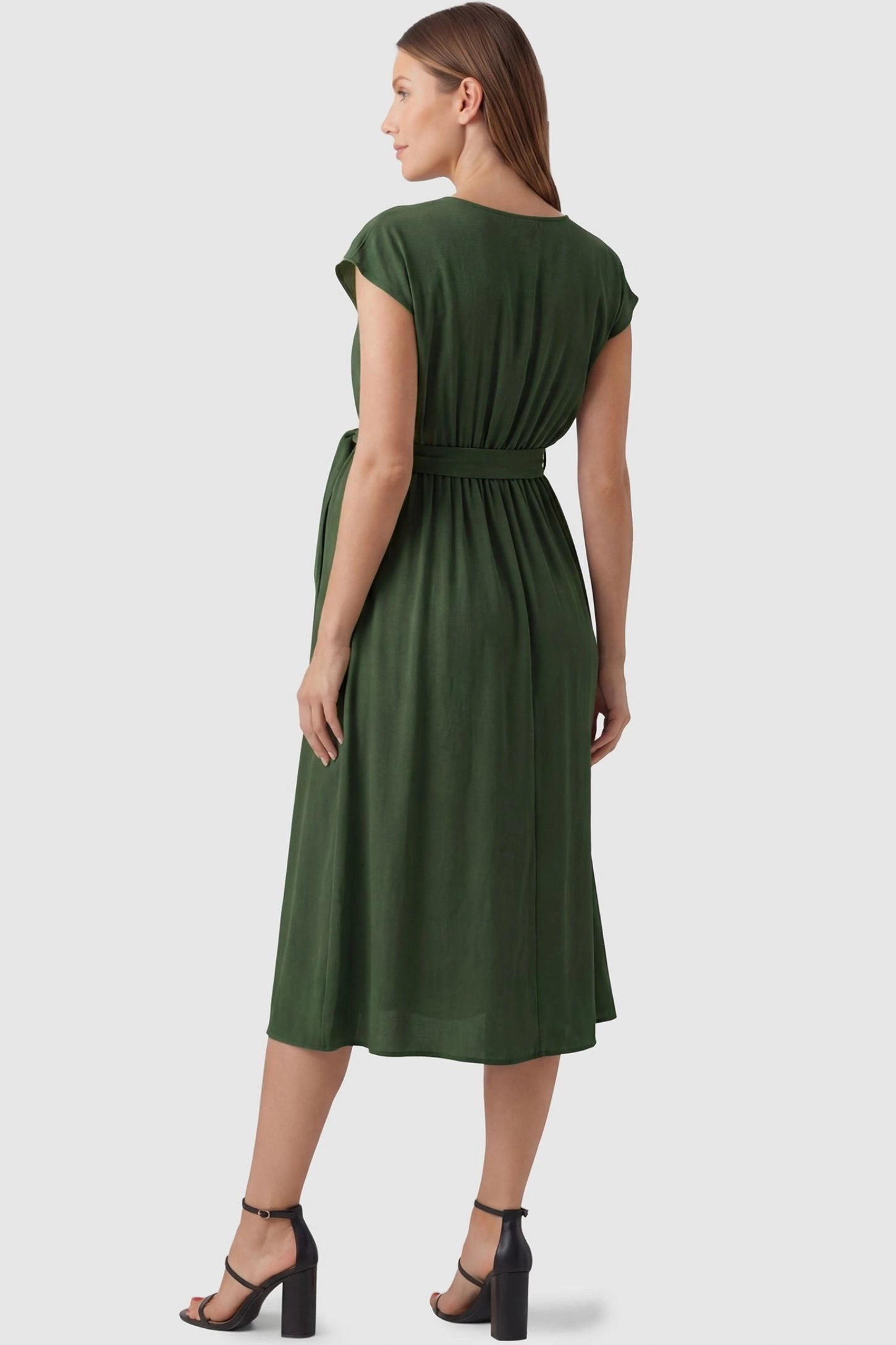 Cap Sleeves Belted Maternity Midi Dress Cap Sleeves Belted Midi Dress in Army Green featuring a flattering midi length on a pregnant model, back view.