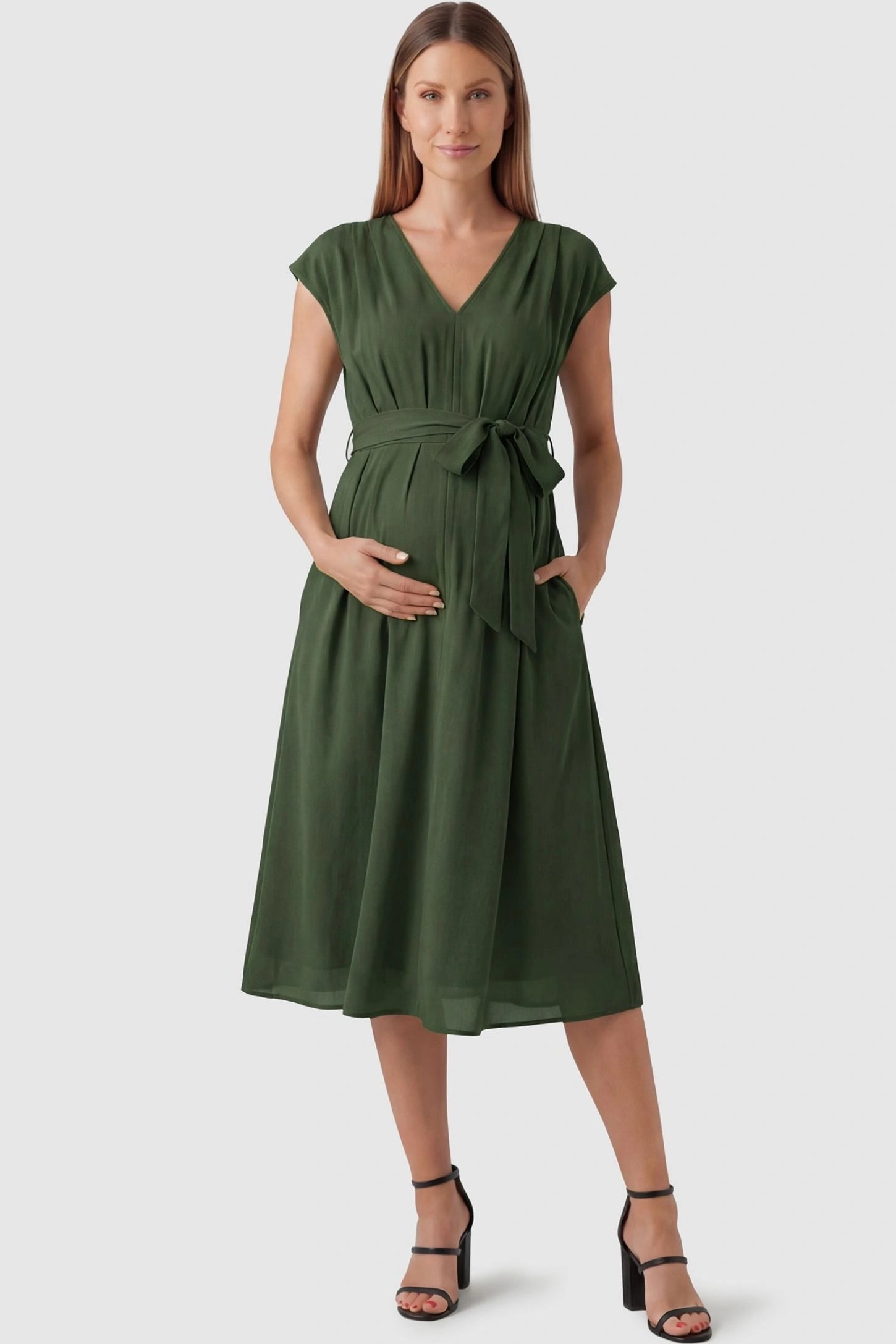 Cap Sleeves Belted Maternity Midi Dress Cap Sleeves Belted Midi Dress in Army Green featuring a tie waist on a pregnant model, front view.