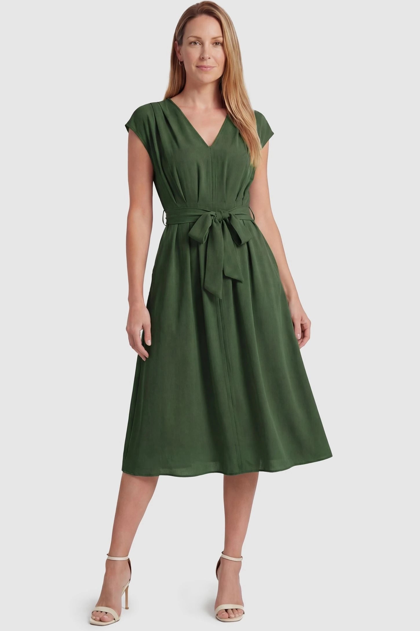 Cap Sleeves Belted Maternity Midi Dress Cap Sleeves Belted Midi Dress in Army Green featuring a tie waist on a non-pregnant model, postpartum view.