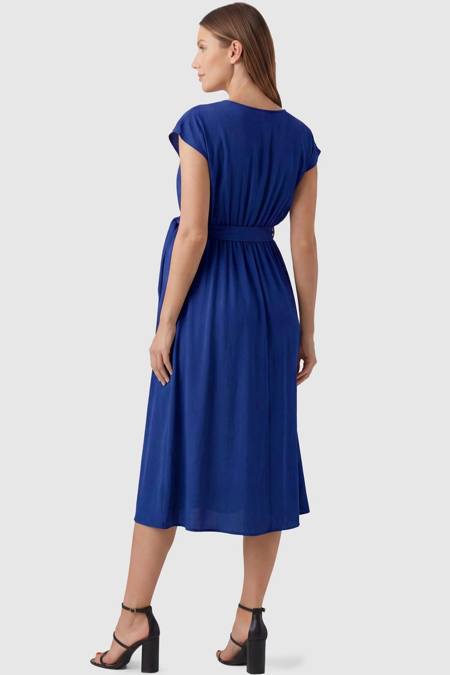 Cap Sleeves Belted Maternity Midi Dress Cap Sleeves Belted Midi Dress in Blue featuring a flattering midi length on a pregnant model, back view.