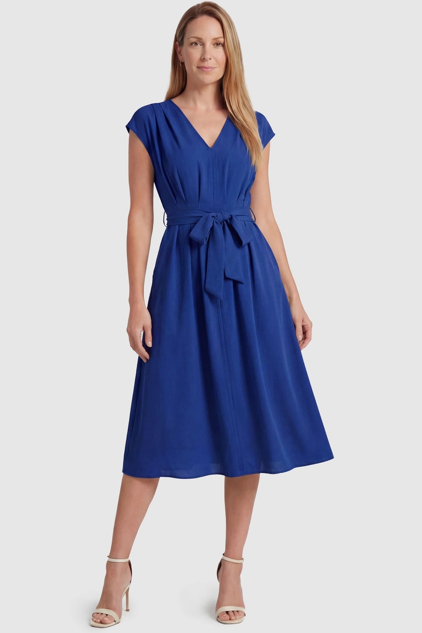 Cap Sleeves Belted Maternity Midi Dress Cap Sleeves Belted Midi Dress in Blue featuring a tie waist on a non-pregnant model, postpartum view.