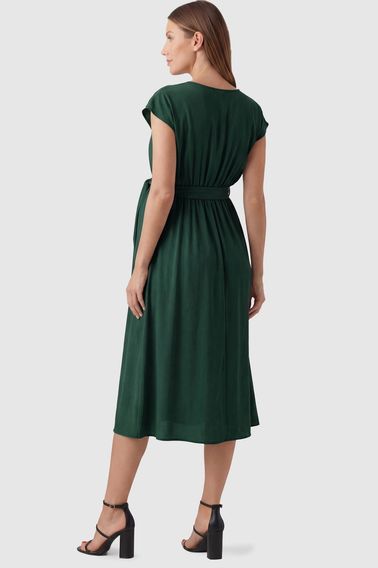 Cap Sleeves Belted Maternity Midi Dress  Cap Sleeves Belted Midi Dress in Dark Green featuring a flattering midi length on a pregnant model, back view.