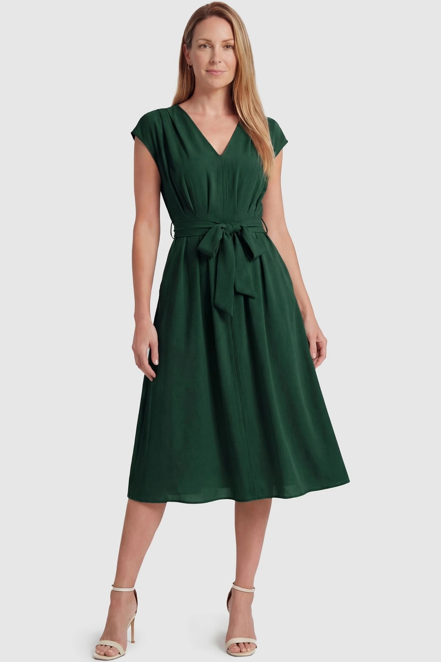 Cap Sleeves Belted Maternity Midi Dress  Cap Sleeves Belted Midi Dress in Dark Green featuring a tie waist on a non-pregnant model, postpartum view.