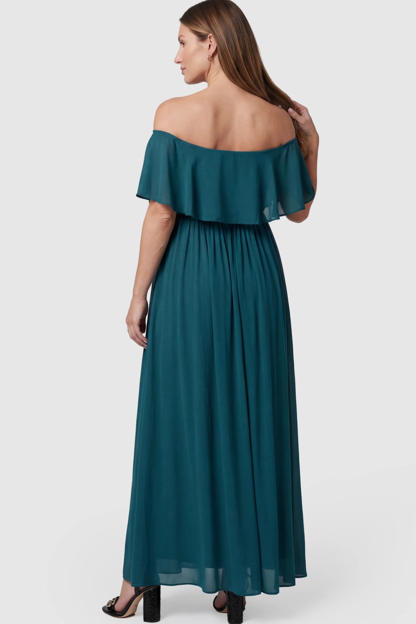 Chiffon Off Shoulder Maternity Maxi Dress Chiffon Off-Shoulder Maternity Maxi Dress in green featuring a Floor-length on a pregnant model showing back.