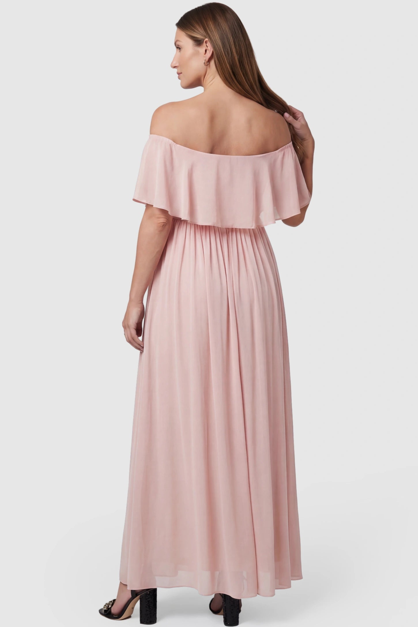 Chiffon Off Shoulder Maternity Maxi Dress Chiffon Off-Shoulder Maternity Maxi Dress in Pink featuring a Floor-length on a pregnant model showing back.