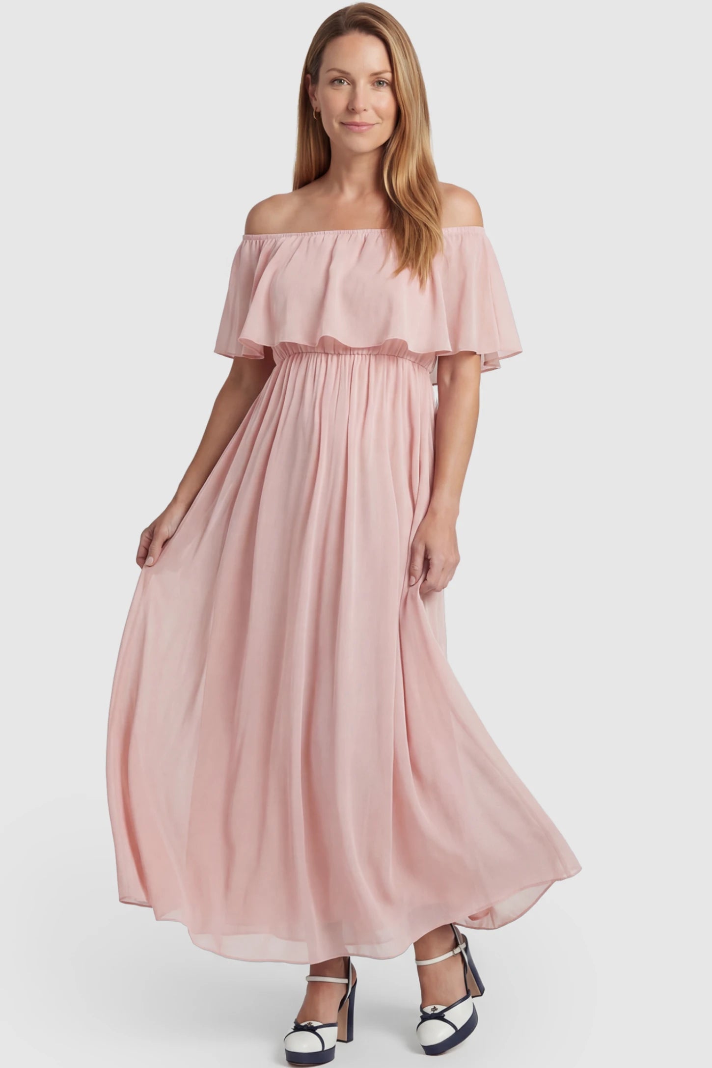 Chiffon Off Shoulder Maternity Maxi Dress Chiffon Off-Shoulder Maternity Maxi Dress in Pink featuring a Floor-length on a postpartum model showing front.