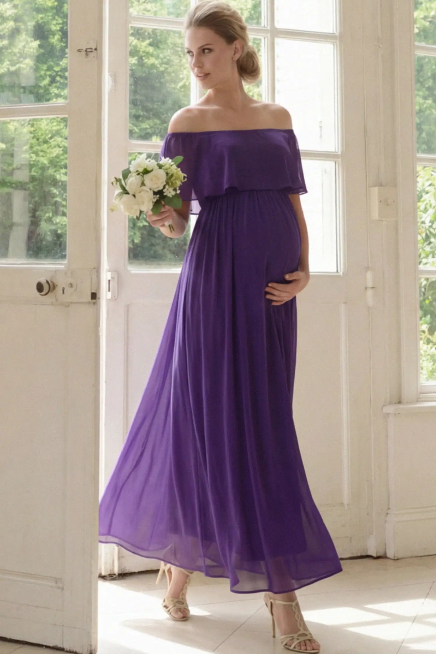 Chiffon Off Shoulder Maternity Maxi Dress Chiffon Off-Shoulder Maternity Maxi Dress in Purple featuring a Floor-length on a pregnant woman showing front.