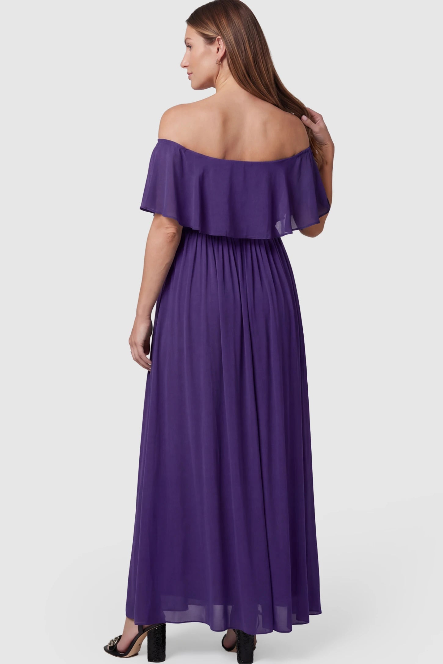 Chiffon Off Shoulder Maternity Maxi Dress Chiffon Off-Shoulder Maternity Maxi Dress in Purple featuring a Floor-length on a pregnant model showing back.