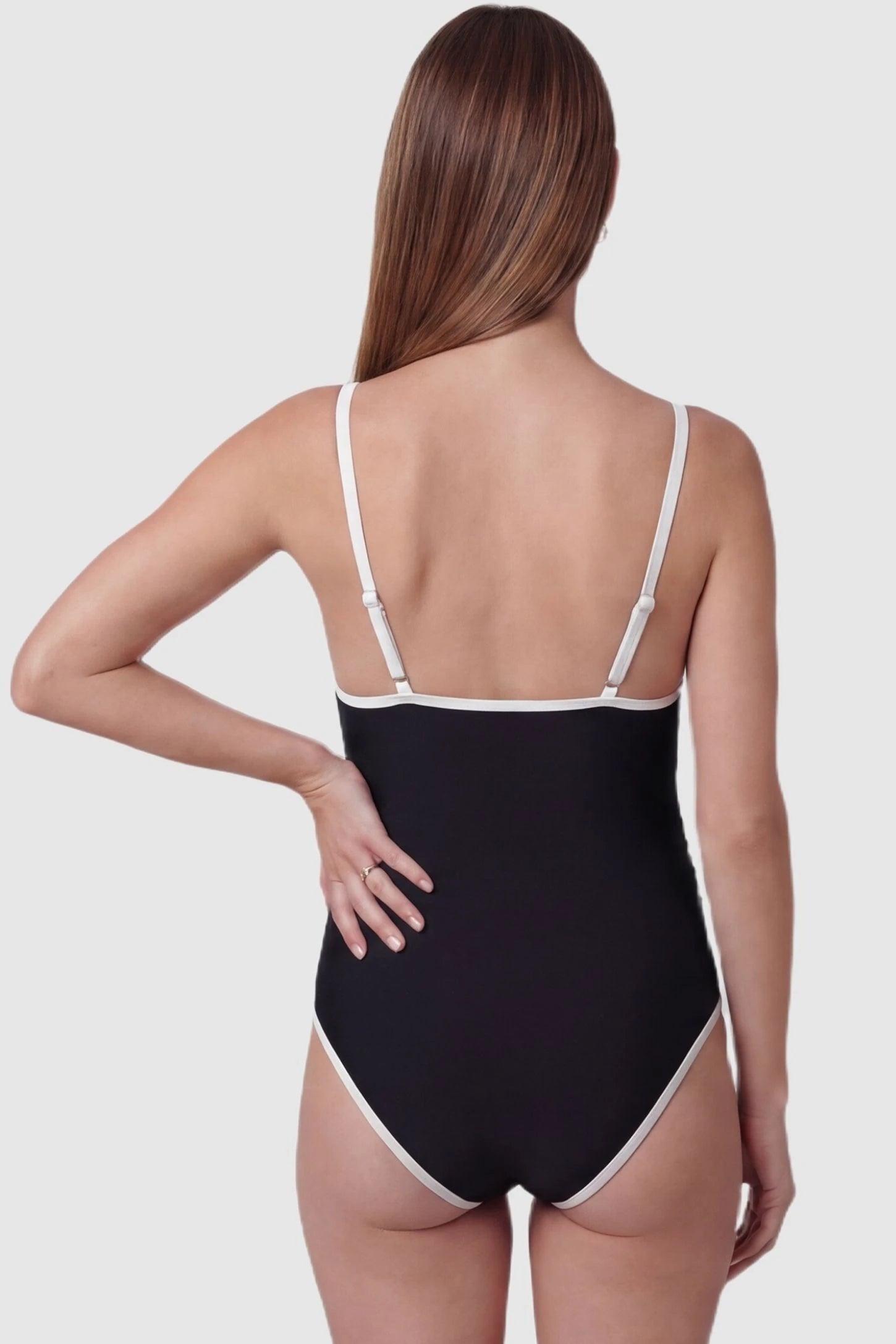 Contrast Trim Square Neck Maternity Swimsuit Contrast Trim Square Neck Maternity Swimsuit in Black featuring white trim and adjustable straps, back view on  pregnant model.