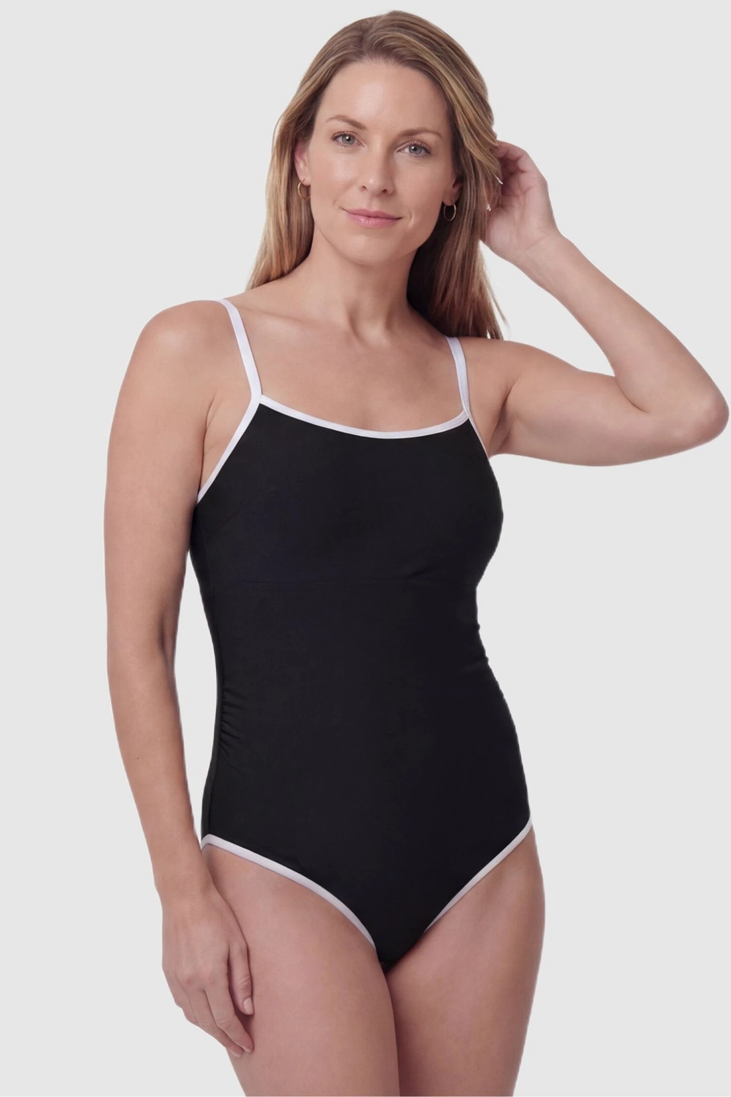 Contrast Trim Square Neck Maternity Swimsuit Contrast Trim Square Neck Maternity Swimsuit in Black featuring white trim and comfortable fit, postpartum view on non pregnant model.