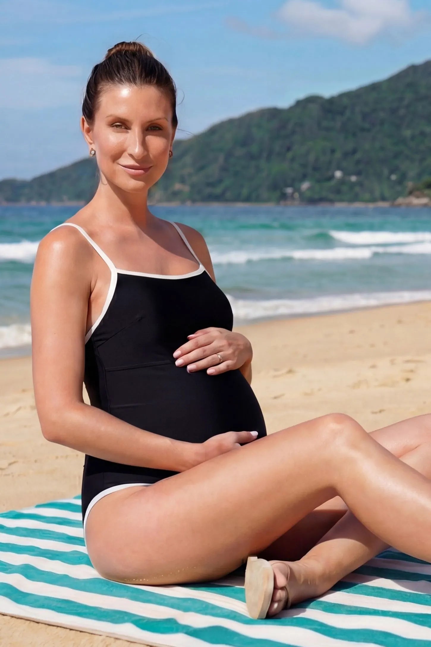 Contrast Trim Square Neck Maternity Swimsuit Contrast Trim Square Neck Maternity Swimsuit in Black featuring white trim, UGC view on pregnant model at the beach.