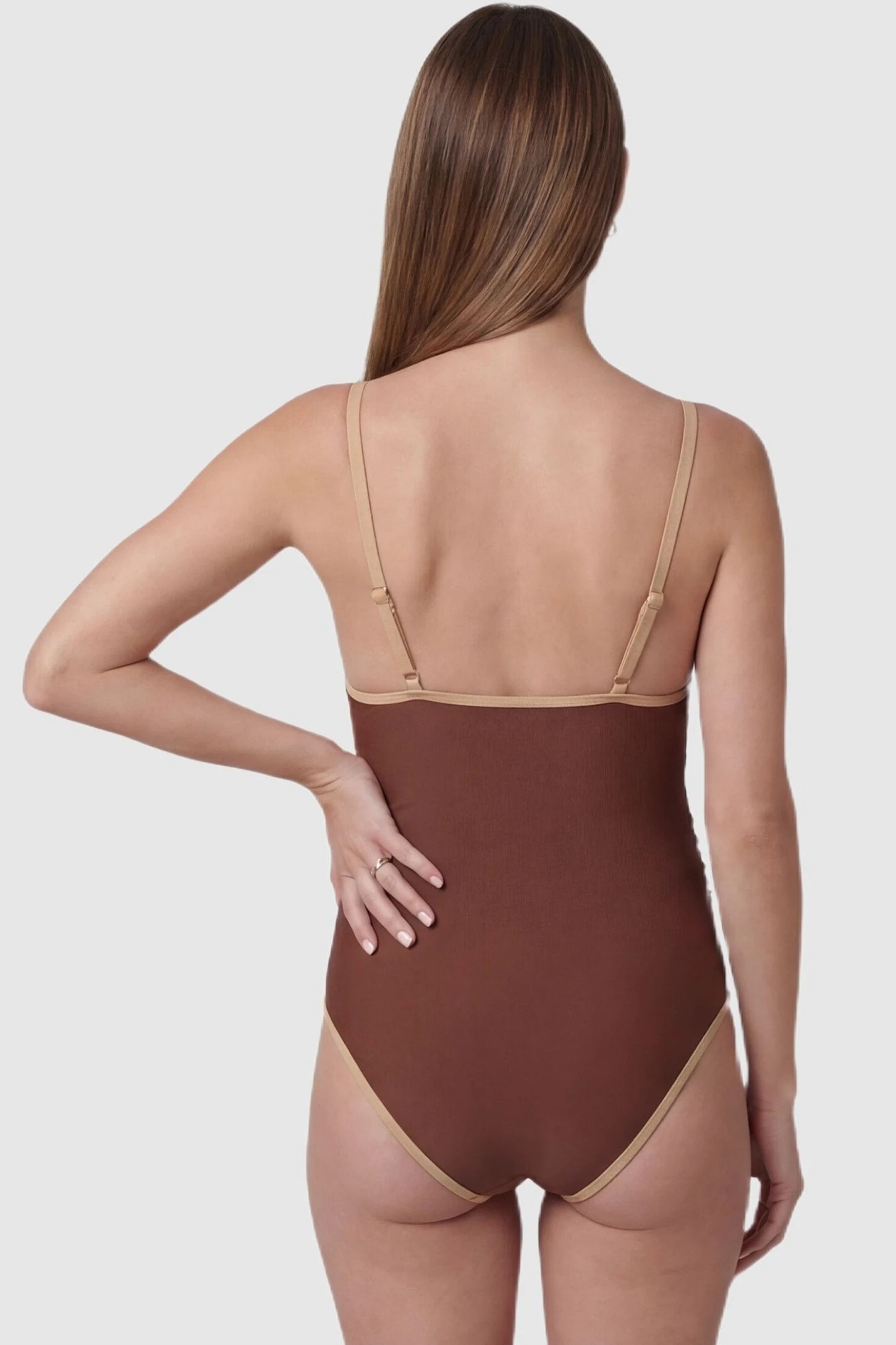 Contrast Trim Square Neck Maternity Swimsuit Contrast Trim Square Neck Maternity Swimsuit in Brown featuring beige trim and adjustable straps, back view on  pregnant model.
