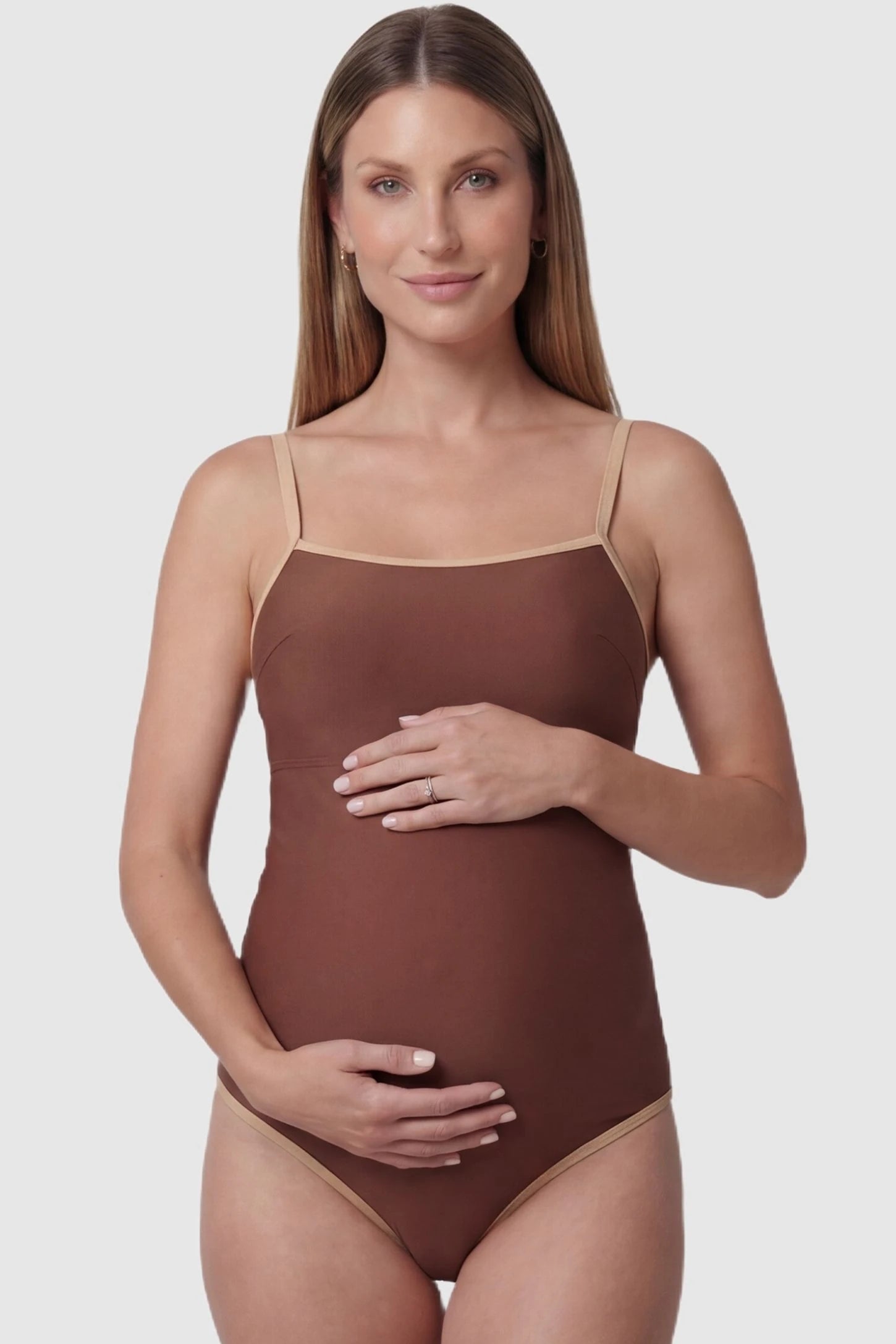 Contrast Trim Square Neck Maternity Swimsuit Contrast Trim Square Neck Maternity Swimsuit in Brown featuring beige trim, front view on pregnant model.