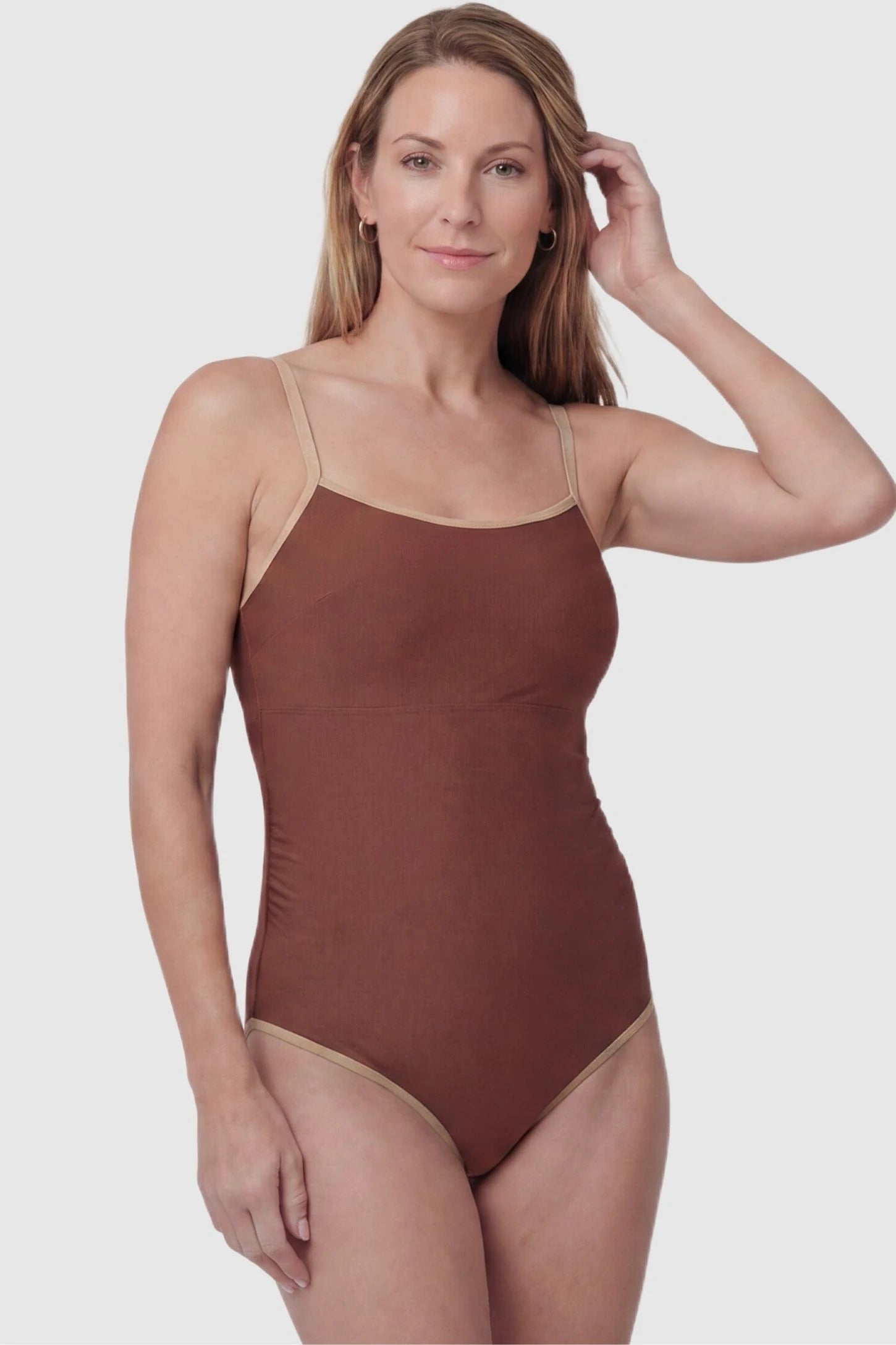 Contrast Trim Square Neck Maternity Swimsuit Contrast Trim Square Neck Maternity Swimsuit in Brown featuring beige trim and comfortable fit, postpartum view on non pregnant model.