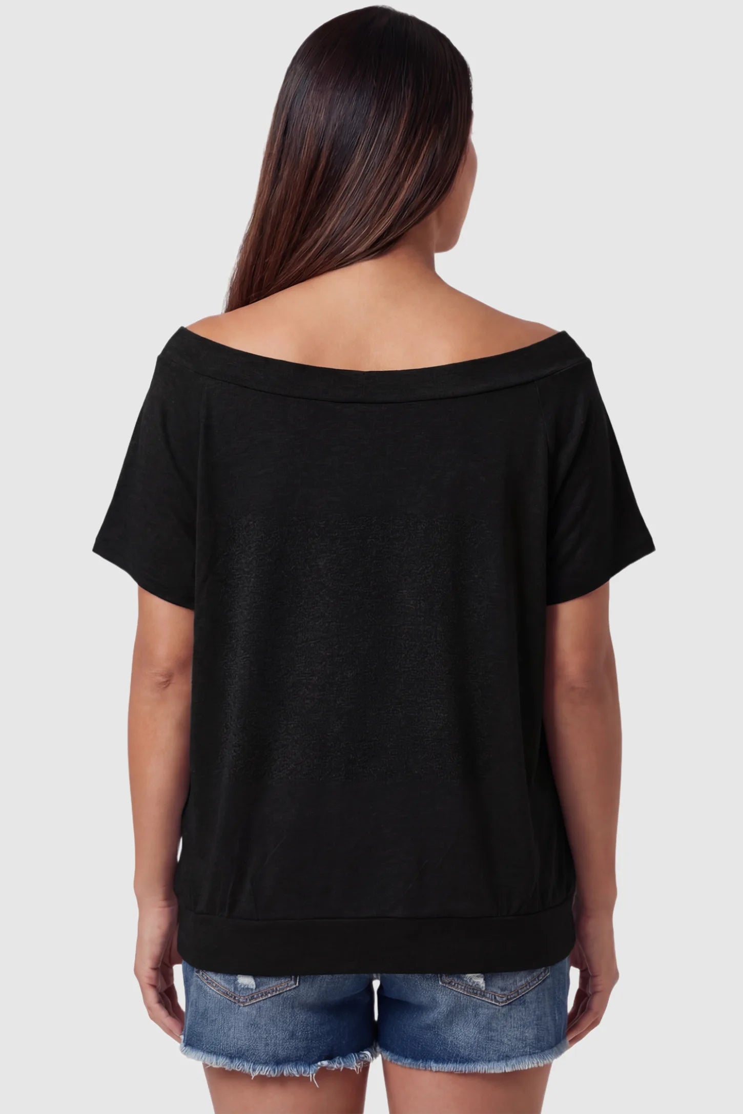 Convertible Neck Short Sleeve Maternity Top Convertible Neck Short Sleeve Maternity Top in black featuring wide off the shoulder neckline and a comfortable banded hem on a pregnant model back view.