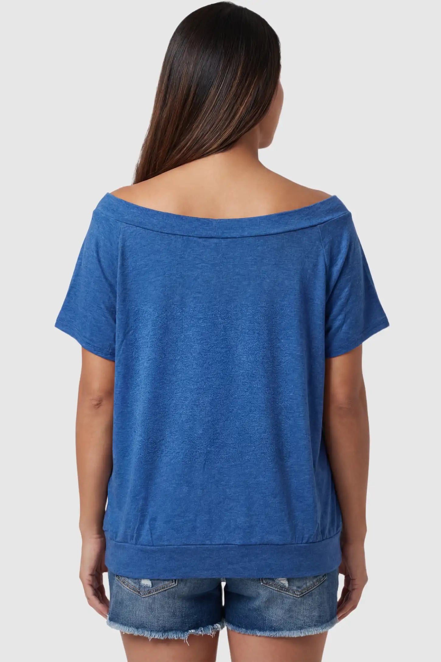 Convertible Neck Short Sleeve Maternity Top Convertible Neck Short Sleeve Maternity Top in blue featuring wide off the shoulder neckline and a comfortable banded hem on a pregnant model back view.