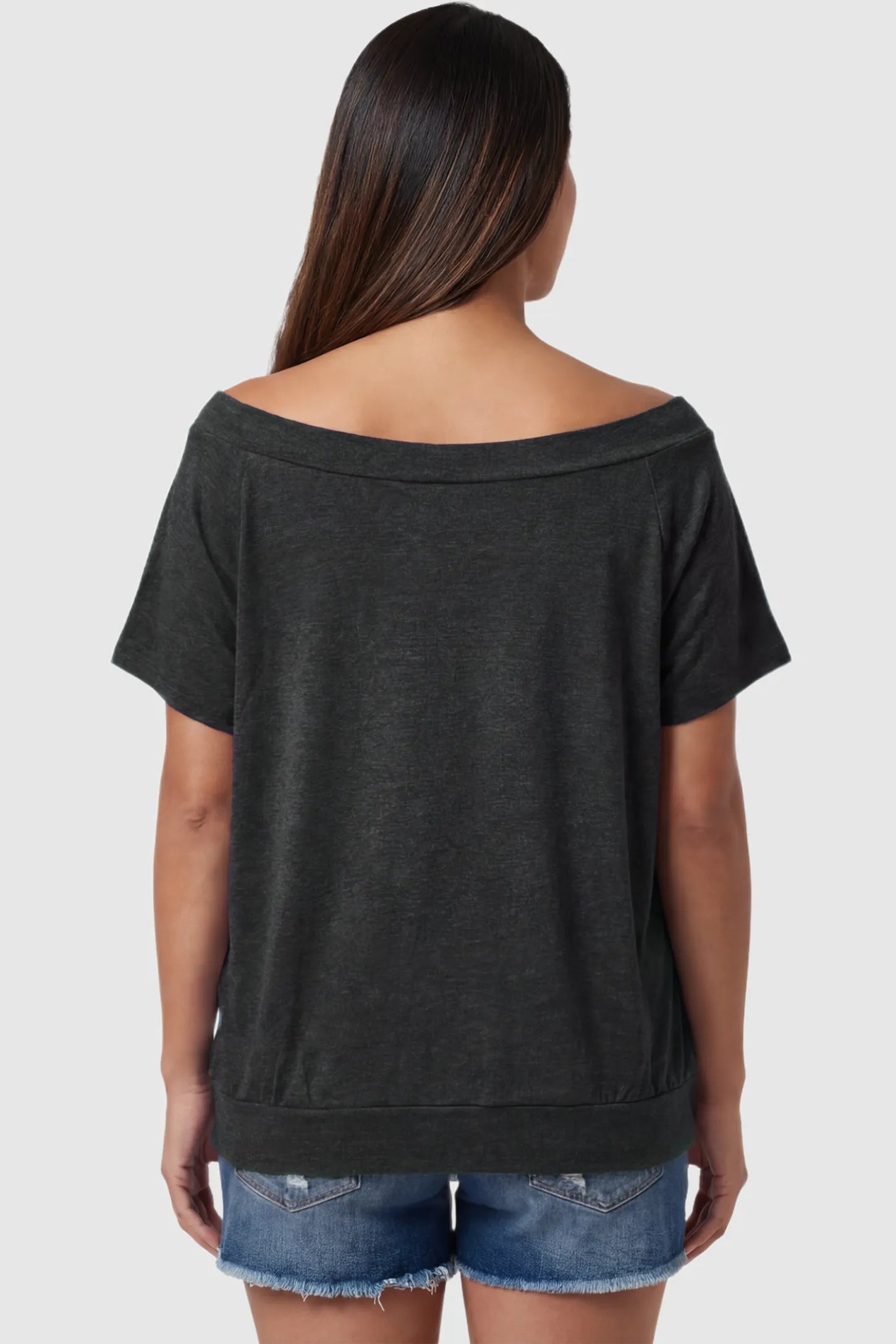 Convertible Neck Short Sleeve Maternity Top Convertible Neck Short Sleeve Maternity Top in dark gray featuring wide off the shoulder neckline and a comfortable banded hem on a pregnant model back view.