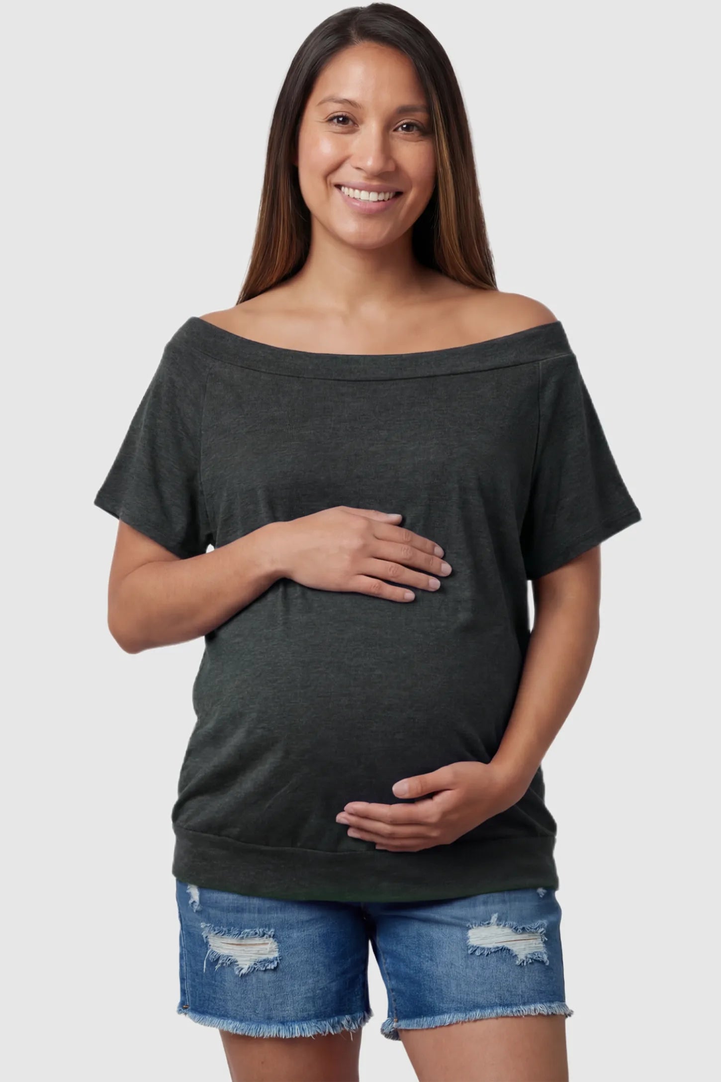 Convertible Neck Short Sleeve Maternity Top Convertible Neck Short Sleeve Maternity Top in dark gray featuring an adjustable neckline and a comfortable banded hem on a pregnant model front view.