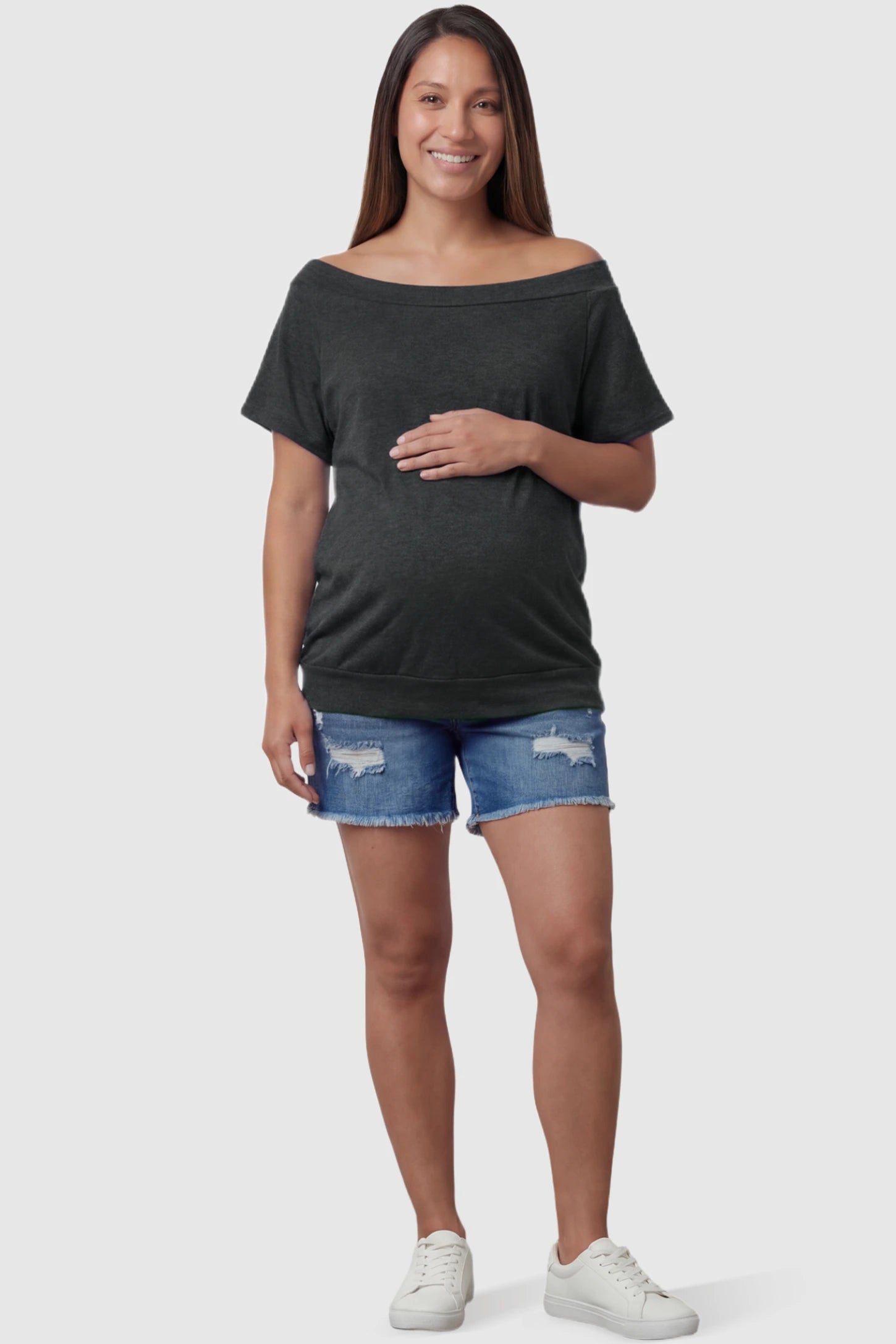 Convertible Neck Short Sleeve Maternity Top Convertible Neck Short Sleeve Maternity Top in dark gray featuring an adjustable neckline and a comfortable banded hem on a pregnant model full body view.