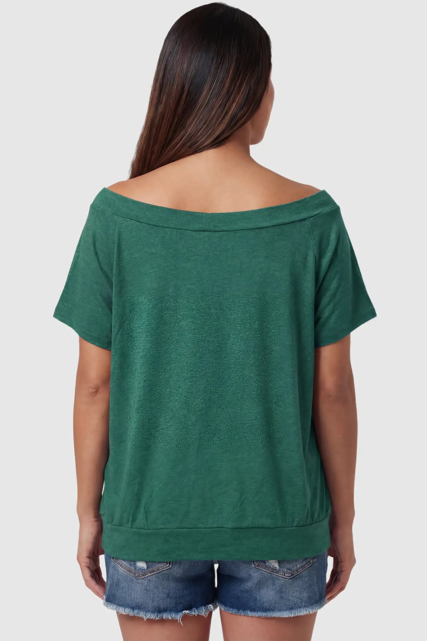 Convertible Neck Short Sleeve Maternity Top Convertible Neck Short Sleeve Maternity Top in green featuring wide off the shoulder neckline and a comfortable banded hem on a pregnant model back view.