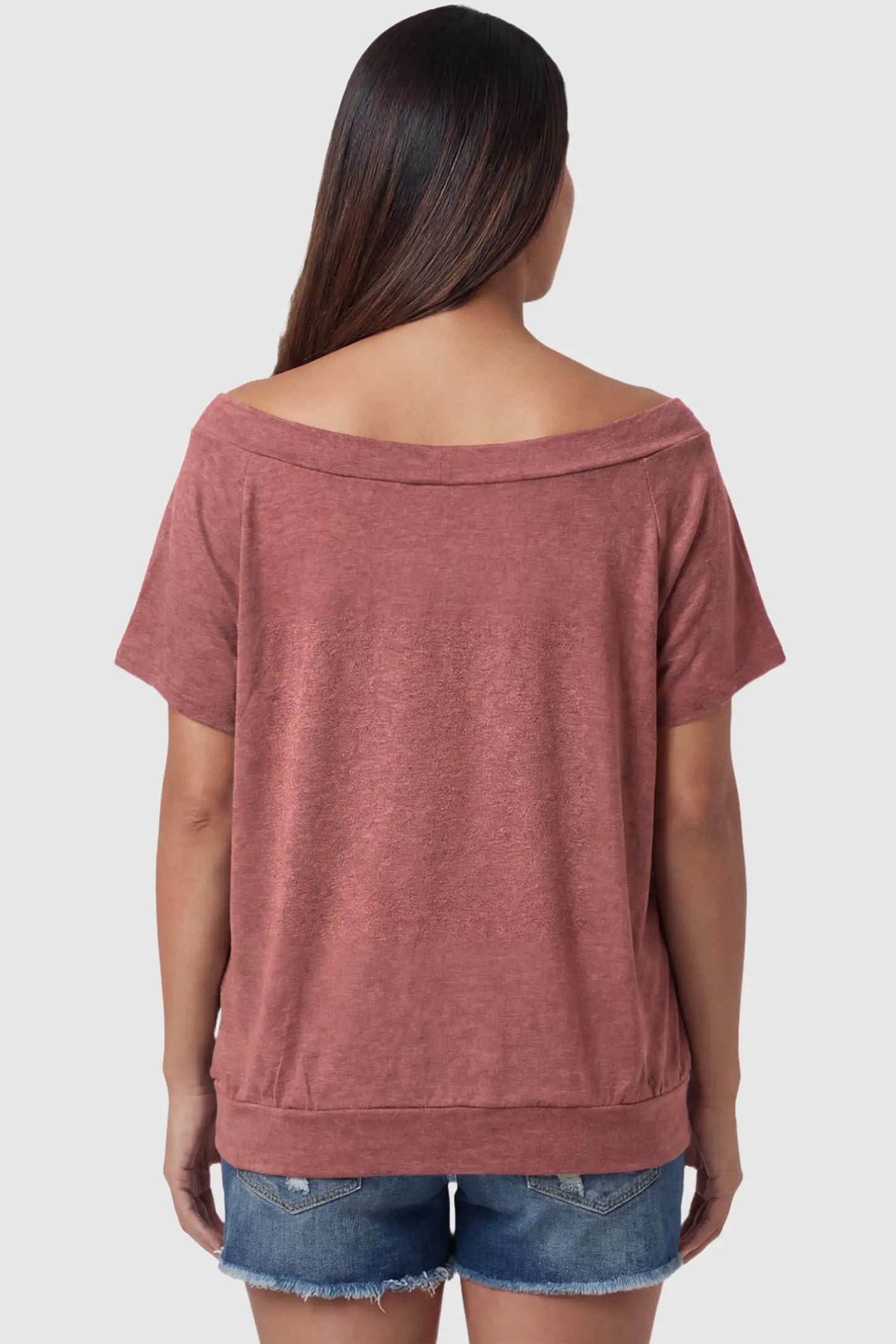 Convertible Neck Short Sleeve Maternity Top Convertible Neck Short Sleeve Maternity Top in pink featuring wide off the shoulder neckline and a comfortable banded hem on a pregnant model back view.