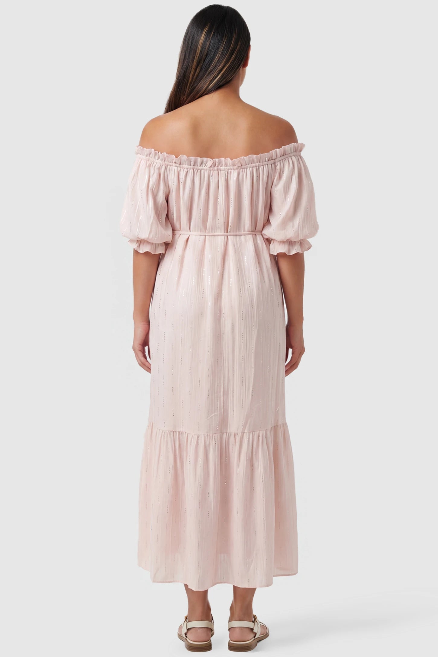 Convertible Neck Tiered Maternity Midi Dress Convertible Neck Tiered Maternity Midi Dress in Pink featuring short sleeves on a pregnant model, back view.