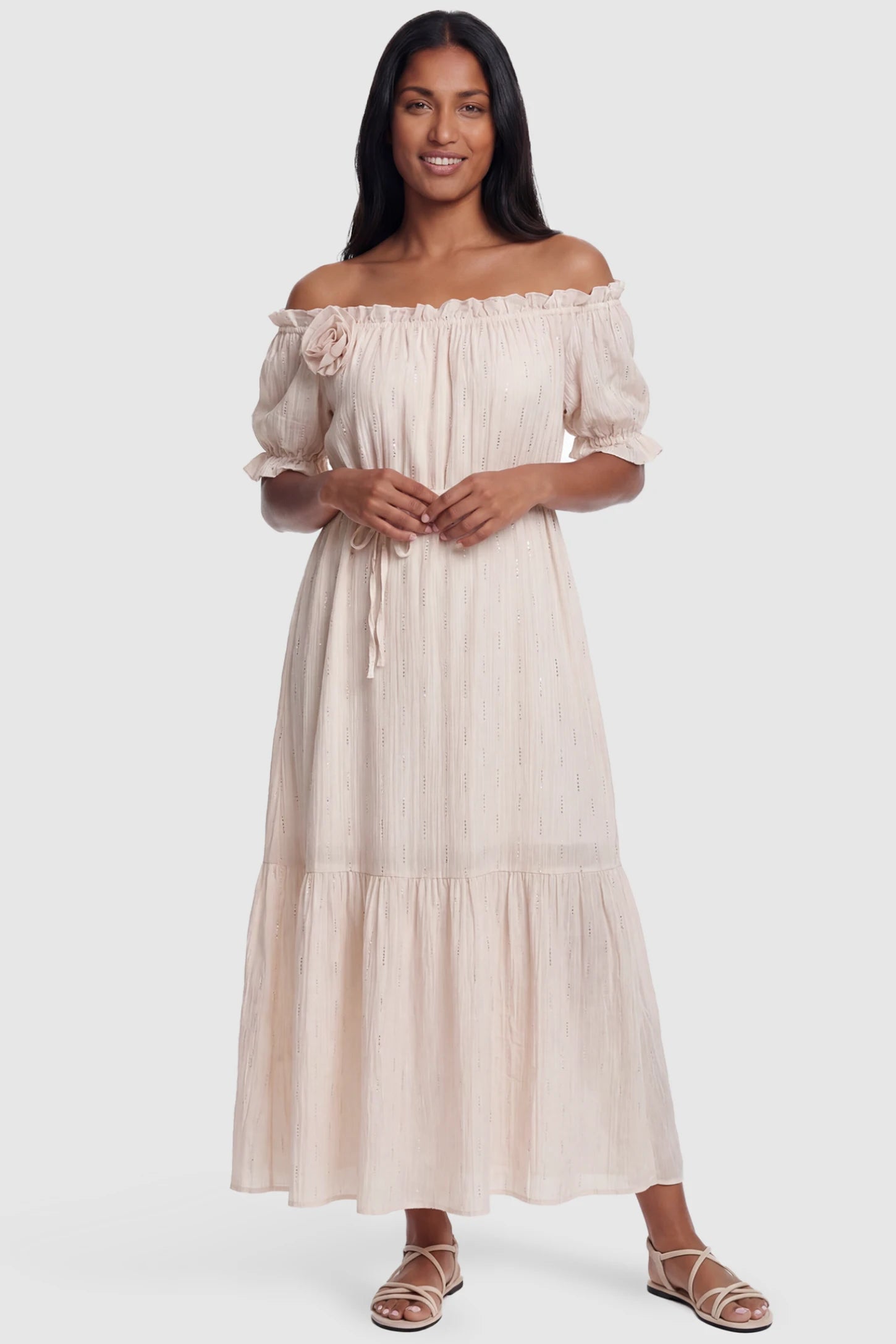 Convertible Neck Tiered Maternity Midi Dress Convertible Neck Tiered Maternity Midi Dress in Pink featuring elastic waist tie, short sleeves on a postpartum model, front view.