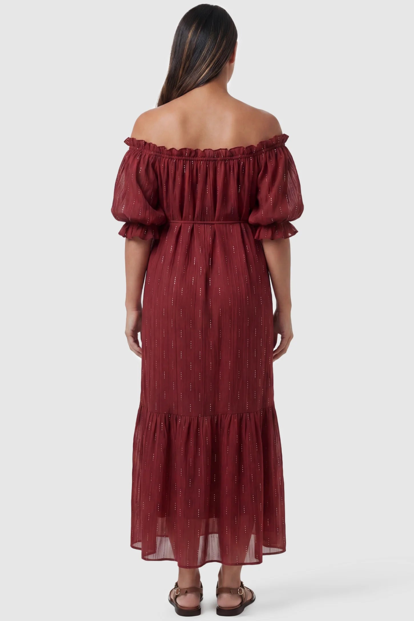 Convertible Neck Tiered Maternity Midi Dress Convertible Neck Tiered Maternity Midi Dress in Red featuring short sleeves on a pregnant model, back view.