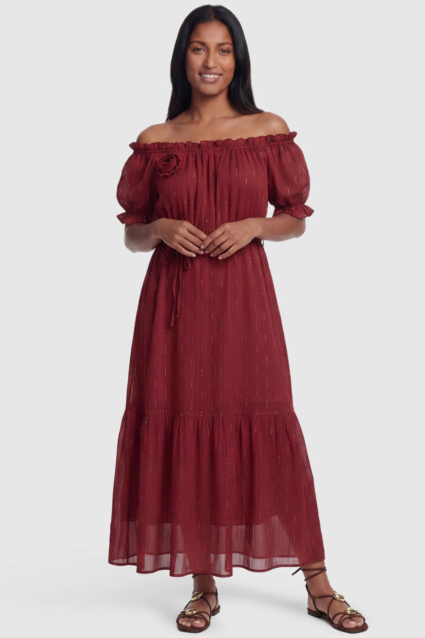 Convertible Neck Tiered Maternity Midi Dress Convertible Neck Tiered Maternity Midi Dress in Red featuring elastic waist tie, short sleeves on a postpartum model, front view.