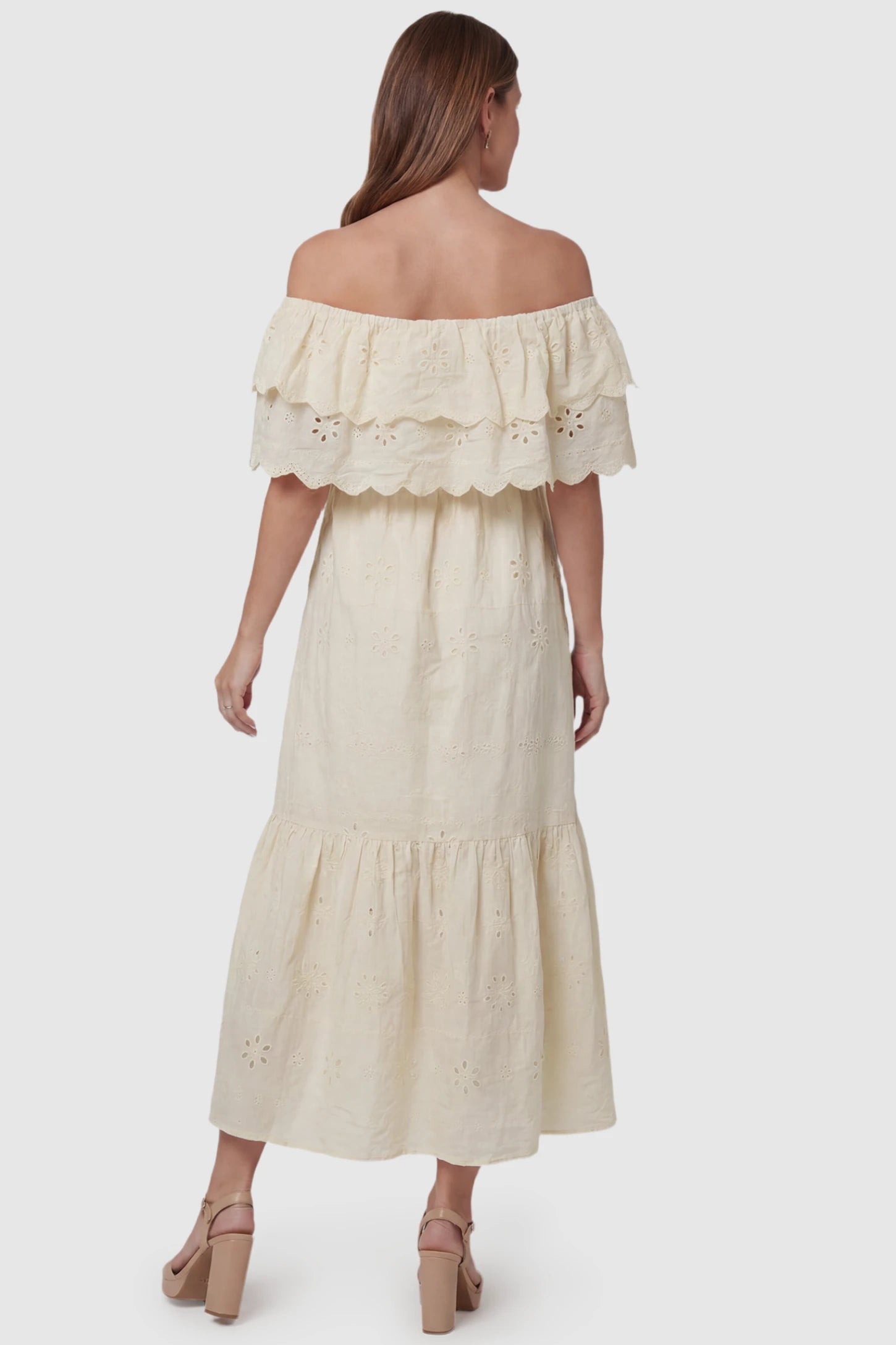 Convertible Neckline Tiered Maternity Midi Dress Convertible Neckline Tiered Maternity Midi Dress in Yellow featuring eyelet embroidery on a pregnant model, back view.