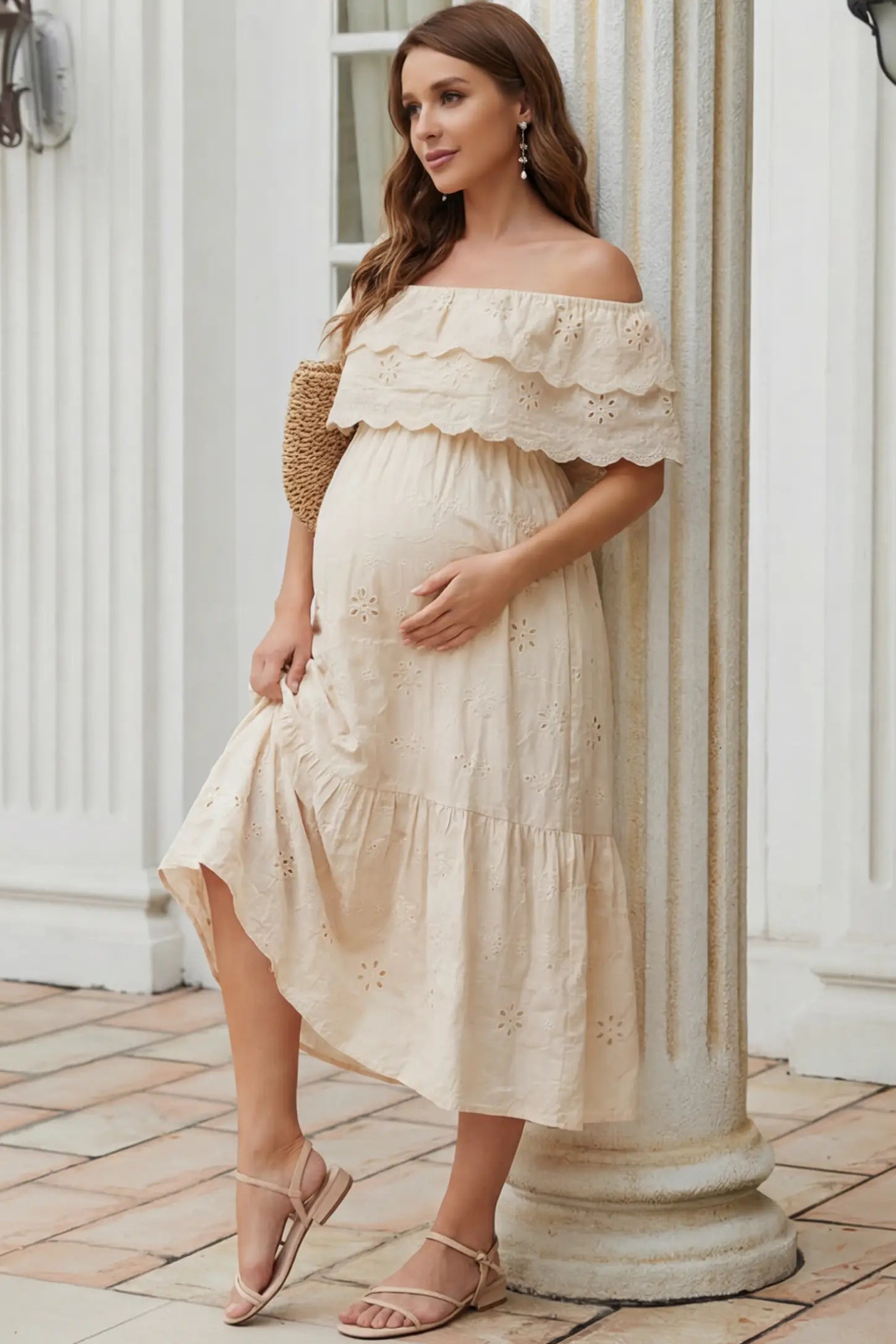 Convertible Neckline Tiered Maternity Midi Dress Convertible Neckline Tiered Maternity Midi Dress in Yellow featuring eyelet embroidery on a pregnant model in outdoor setting, side view.