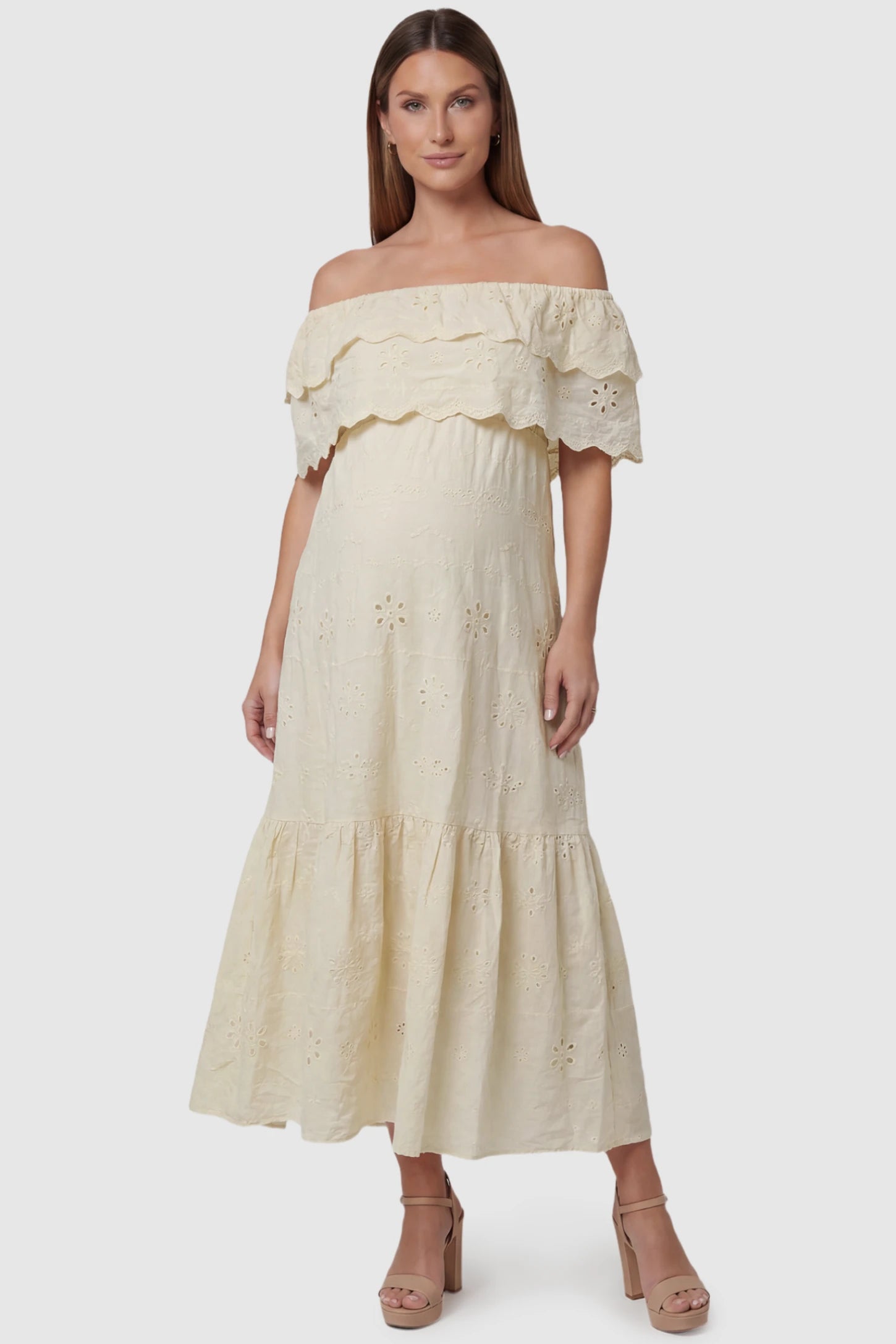 Convertible Neckline Tiered Maternity Midi Dress Convertible Neckline Tiered Maternity Midi Dress in Yellow featuring eyelet embroidery on a pregnant model, front view.