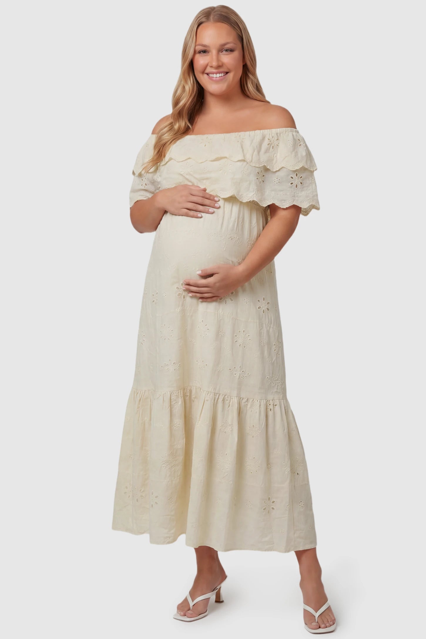 Convertible Neckline Tiered Maternity Midi Dress Convertible Neckline Tiered Maternity Midi Dress in Yellow featuring eyelet embroidery on a plus size pregnant model, front view.