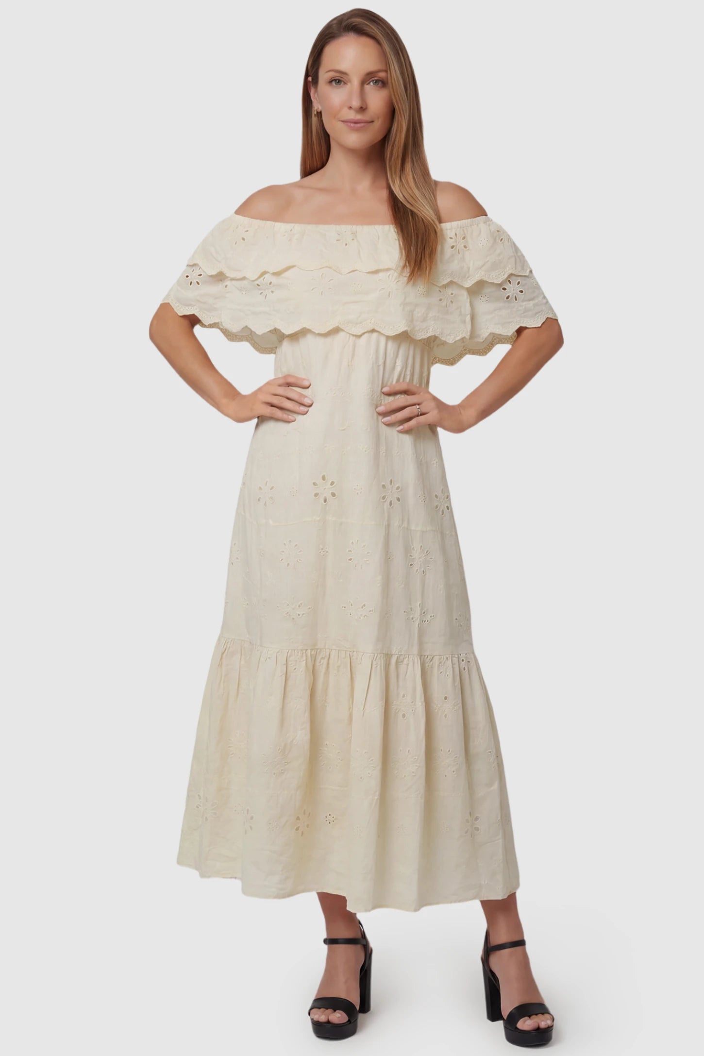 Convertible Neckline Tiered Maternity Midi Dress Convertible Neckline Tiered Maternity Midi Dress in Yellow featuring eyelet embroidery on a postpartum model, front view.