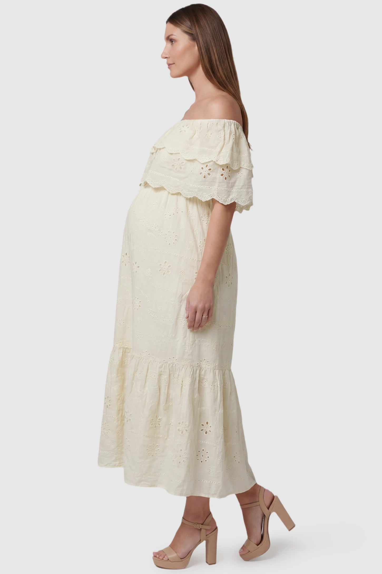 Convertible Neckline Tiered Maternity Midi Dress Convertible Neckline Tiered Maternity Midi Dress in Yellow featuring eyelet embroidery on a pregnant model, side view.