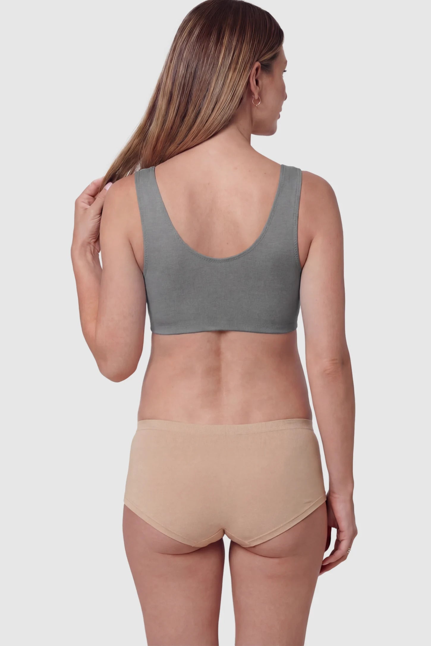 Cotton Blend Crossover Maternity Nursing Bra Cotton Blend Crossover Maternity Nursing Bra in Dark Gray featuring Cotton Blend on a pregnant model showing back.