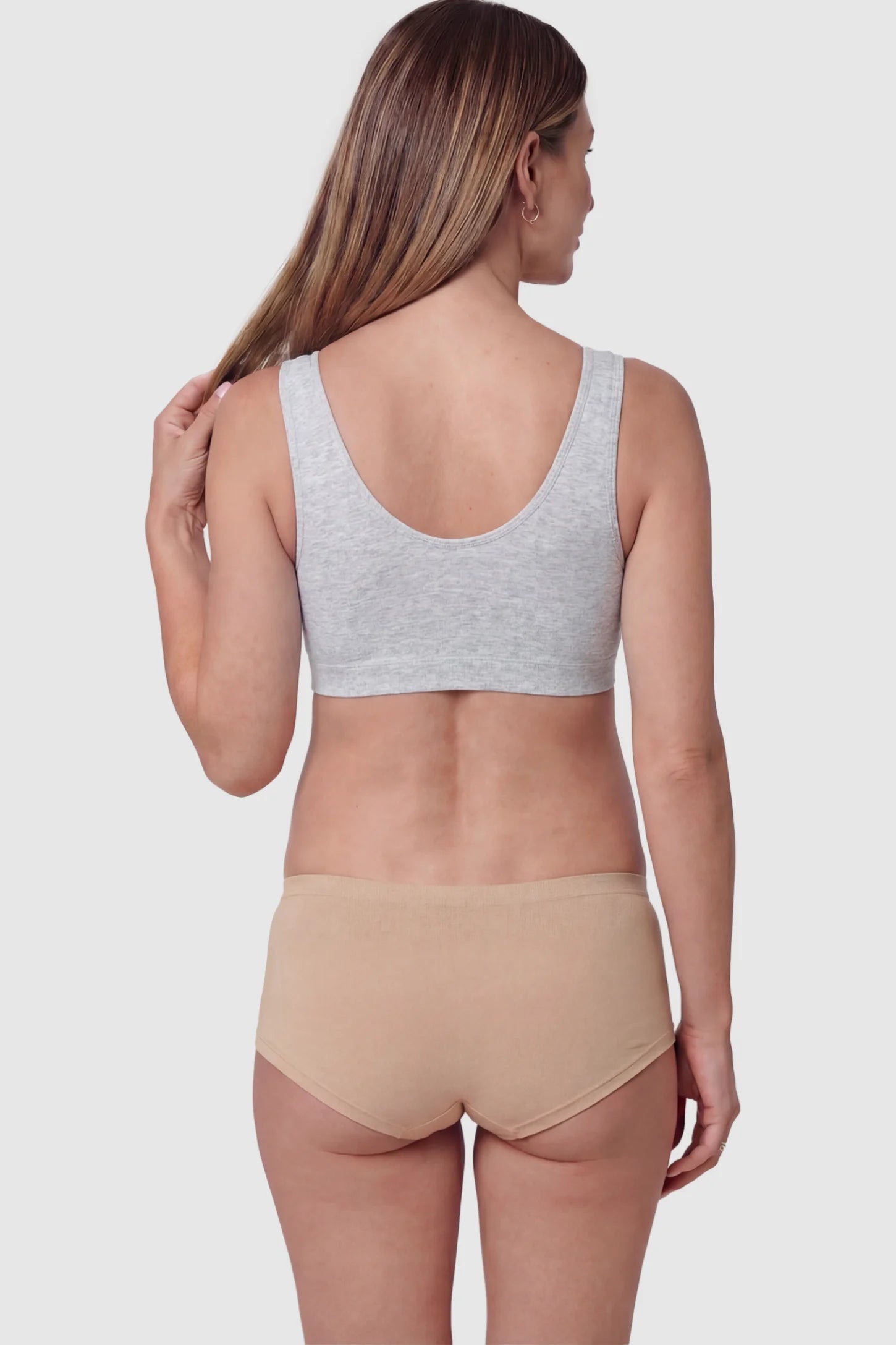 Cotton Blend Crossover Maternity Nursing Bra Cotton Blend Crossover Maternity Nursing Bra in Light Gray featuring Cotton Blend on a pregnant model showing back.