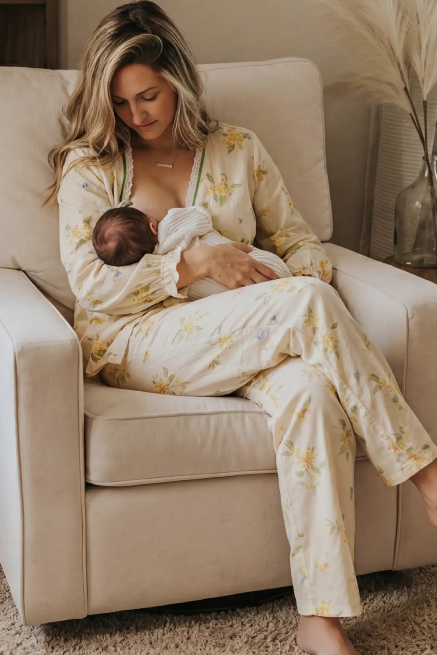 Cotton Long Sleeve Top & Pants Maternity Pajama Set Cotton Long Sleeve Maternity Pajama Set in Osmanthus Floral Print featuring nursing access on a woman.